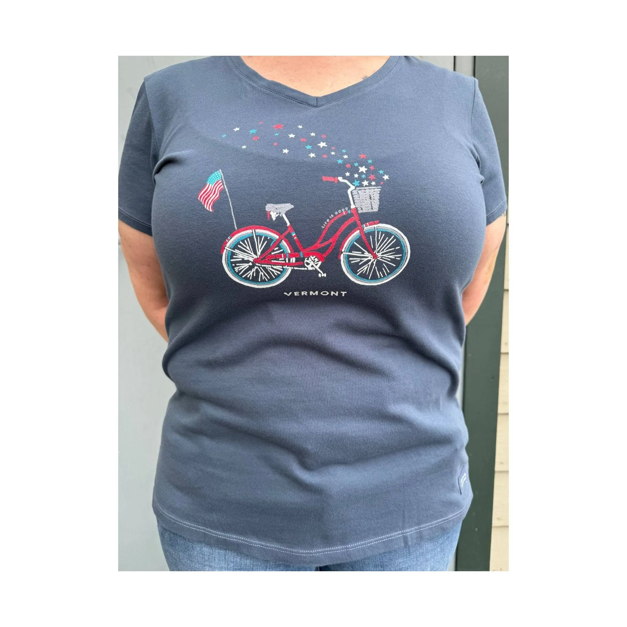 Life is Good Women's Vermont Exclusive American Bike Tee - Darkest Blue