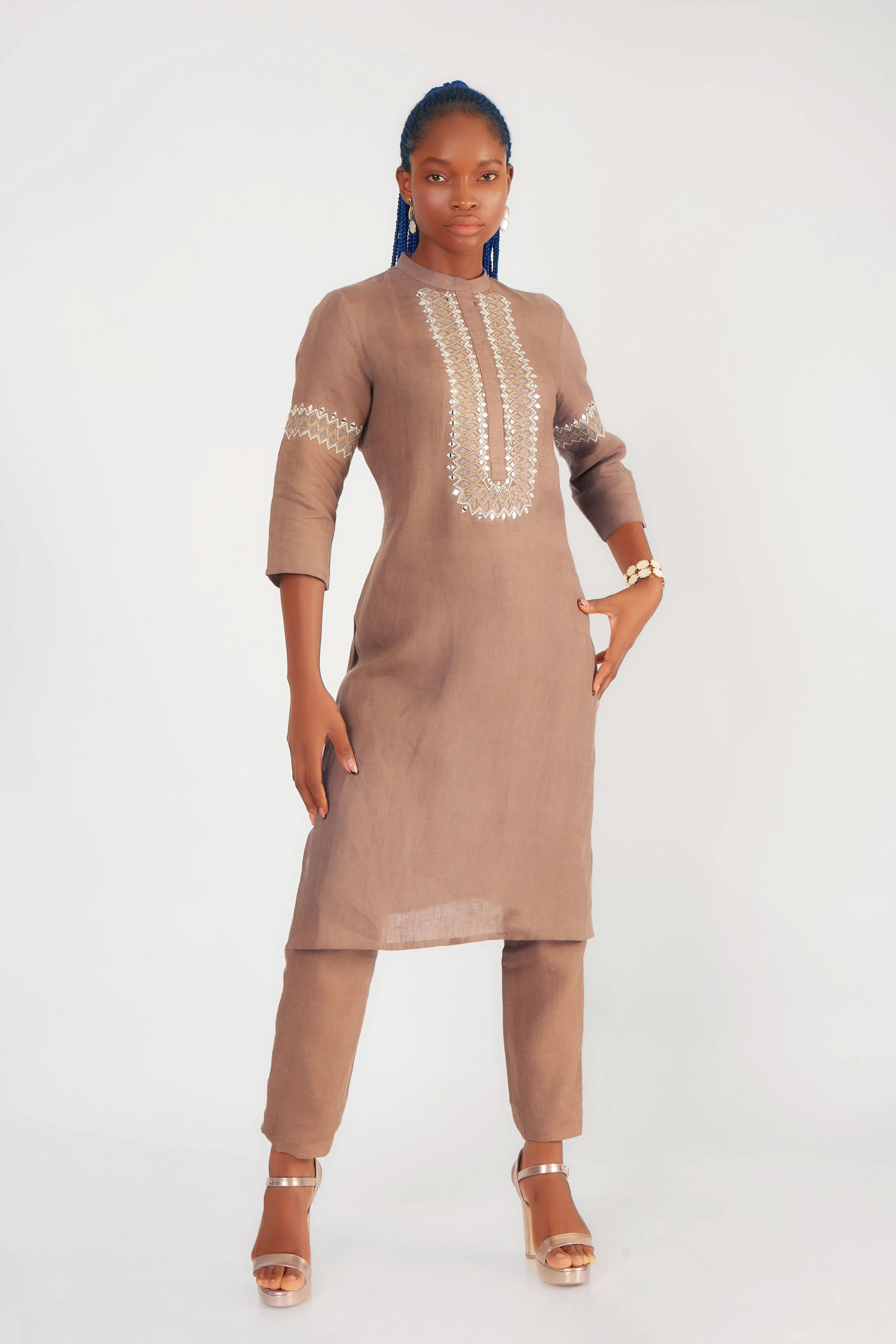 Light Brown Embroidered Cotton Linen Kurta Set