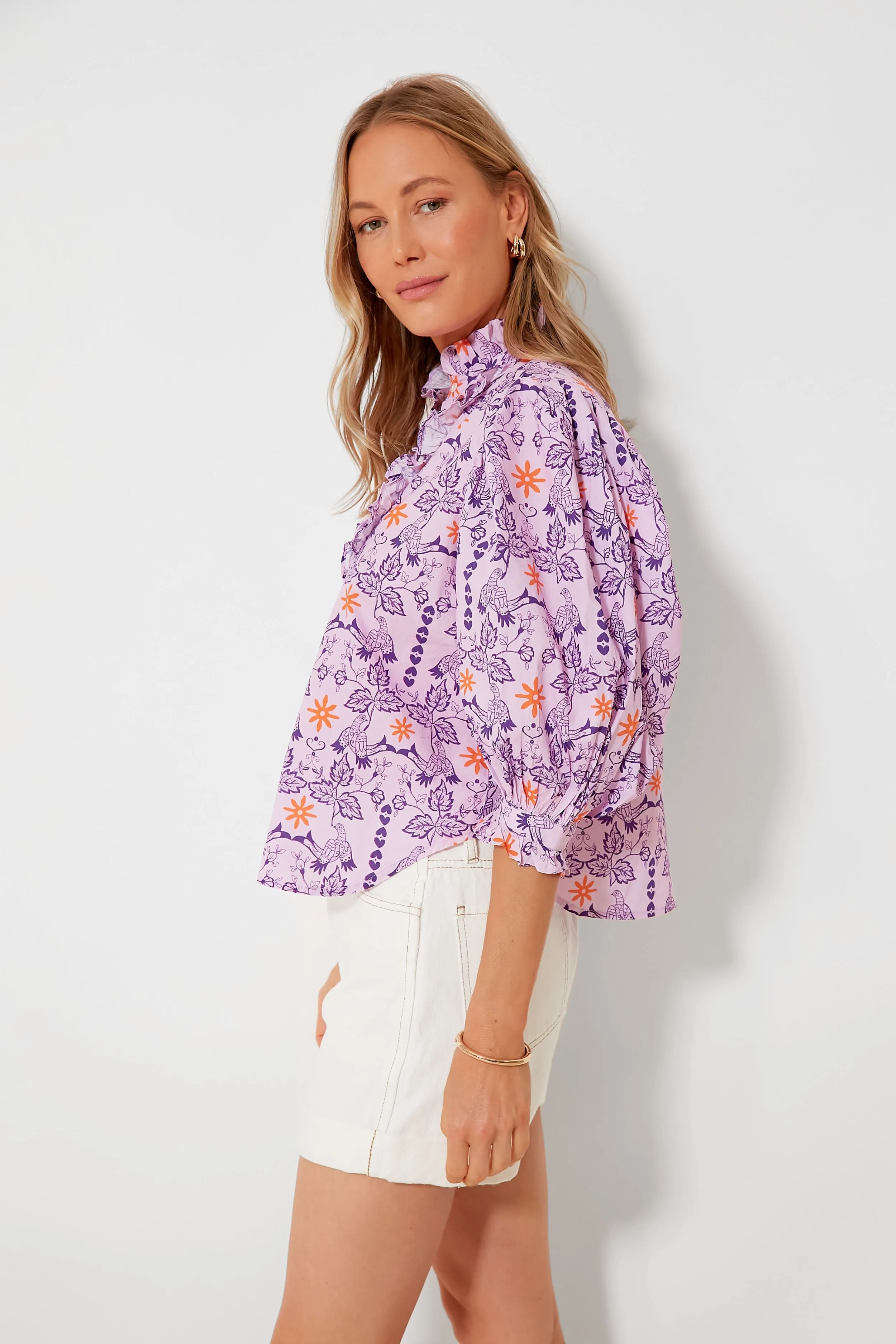 Lovebird Lilac Ruffle Front Button Blouse