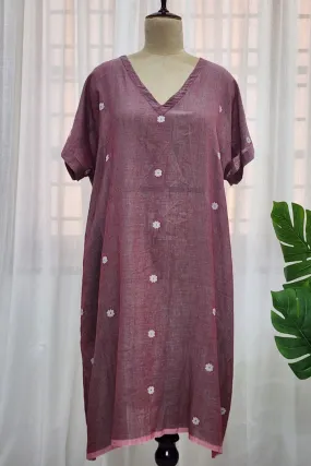 Mauve boxy V neck jamdani dress-Flowers