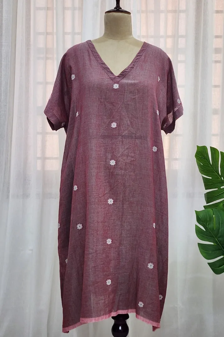 Mauve boxy V neck jamdani dress-Flowers