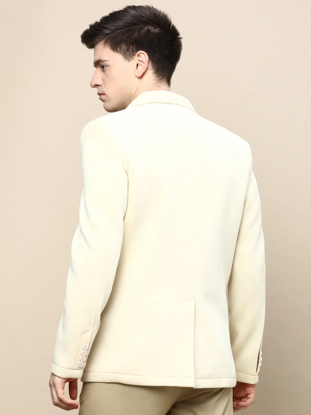 Men Cream Solid Casual Blazers