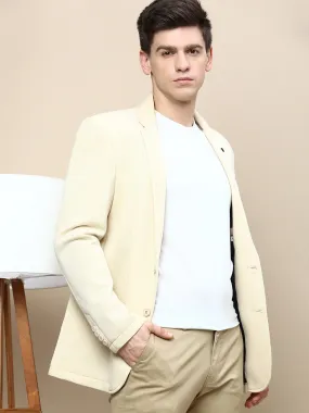 Men Cream Solid Casual Blazers