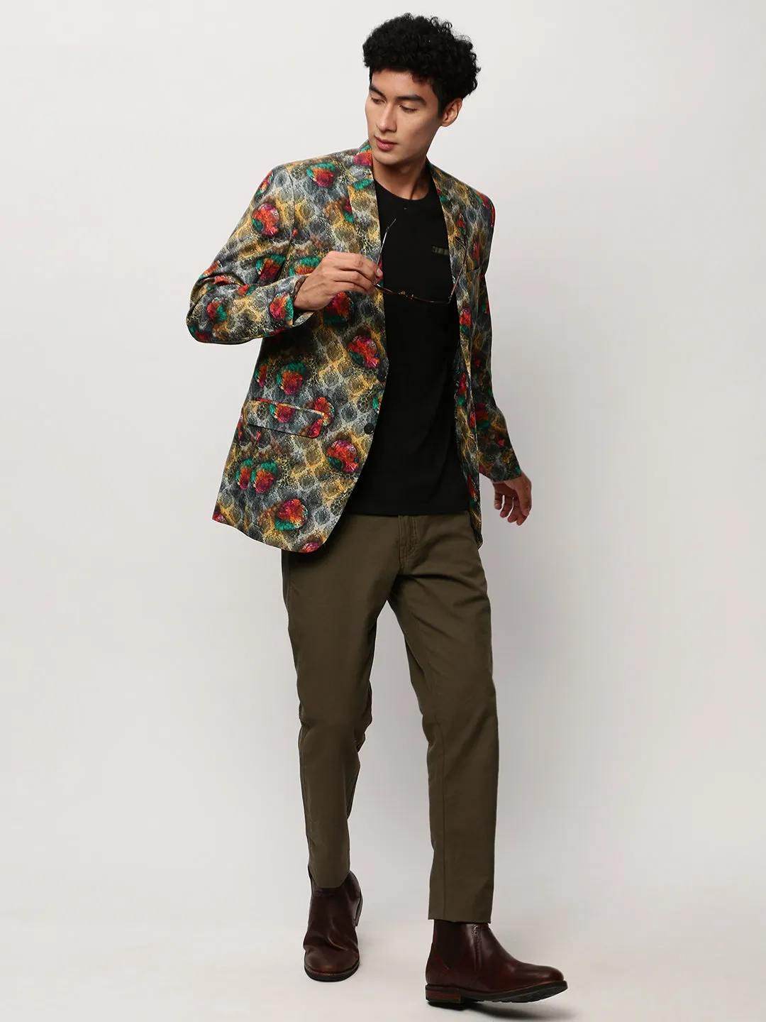 Men Grey Printed Casual Blazers