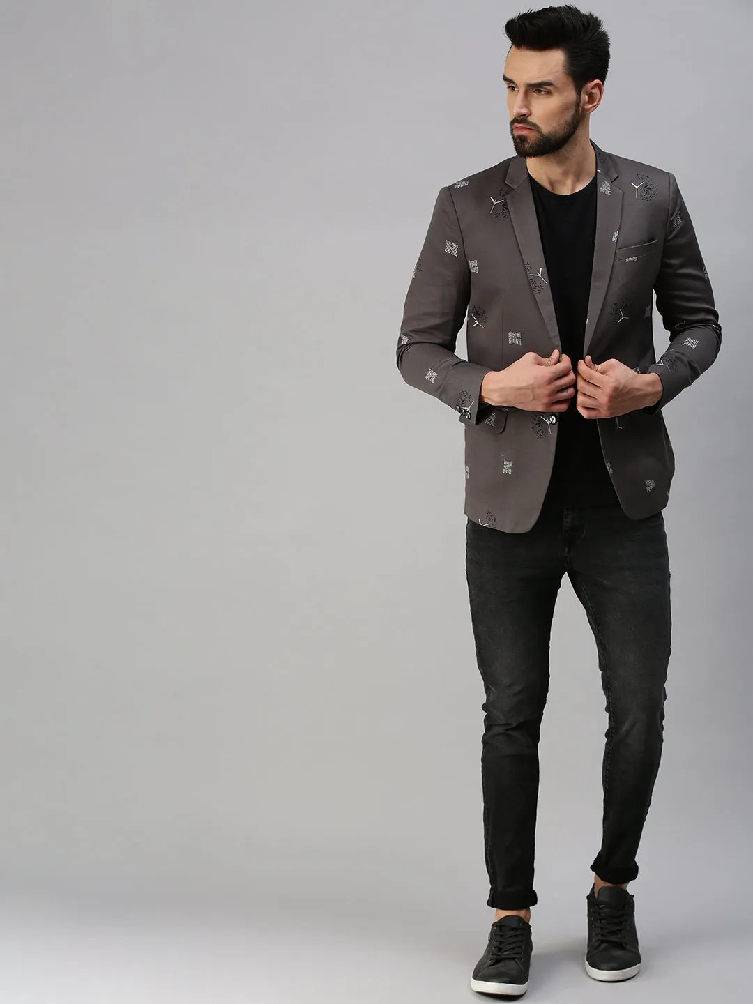 Men Grey Printed Party Blazers