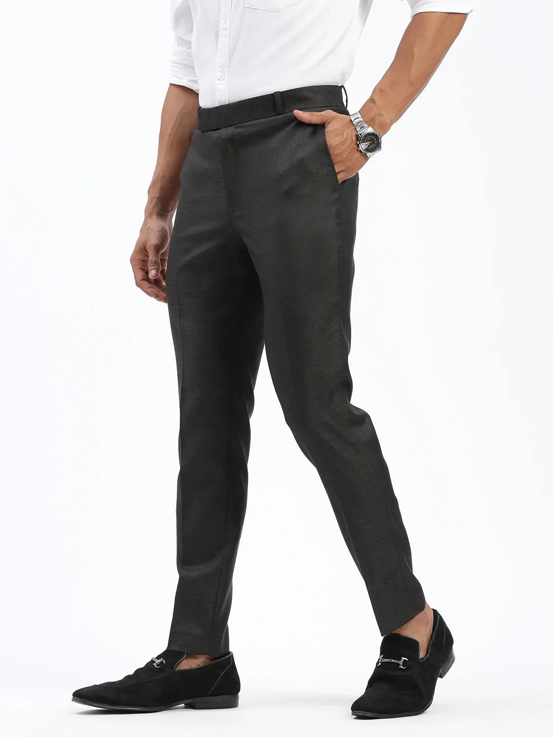 Men Solid Charcoal Formal Trousers