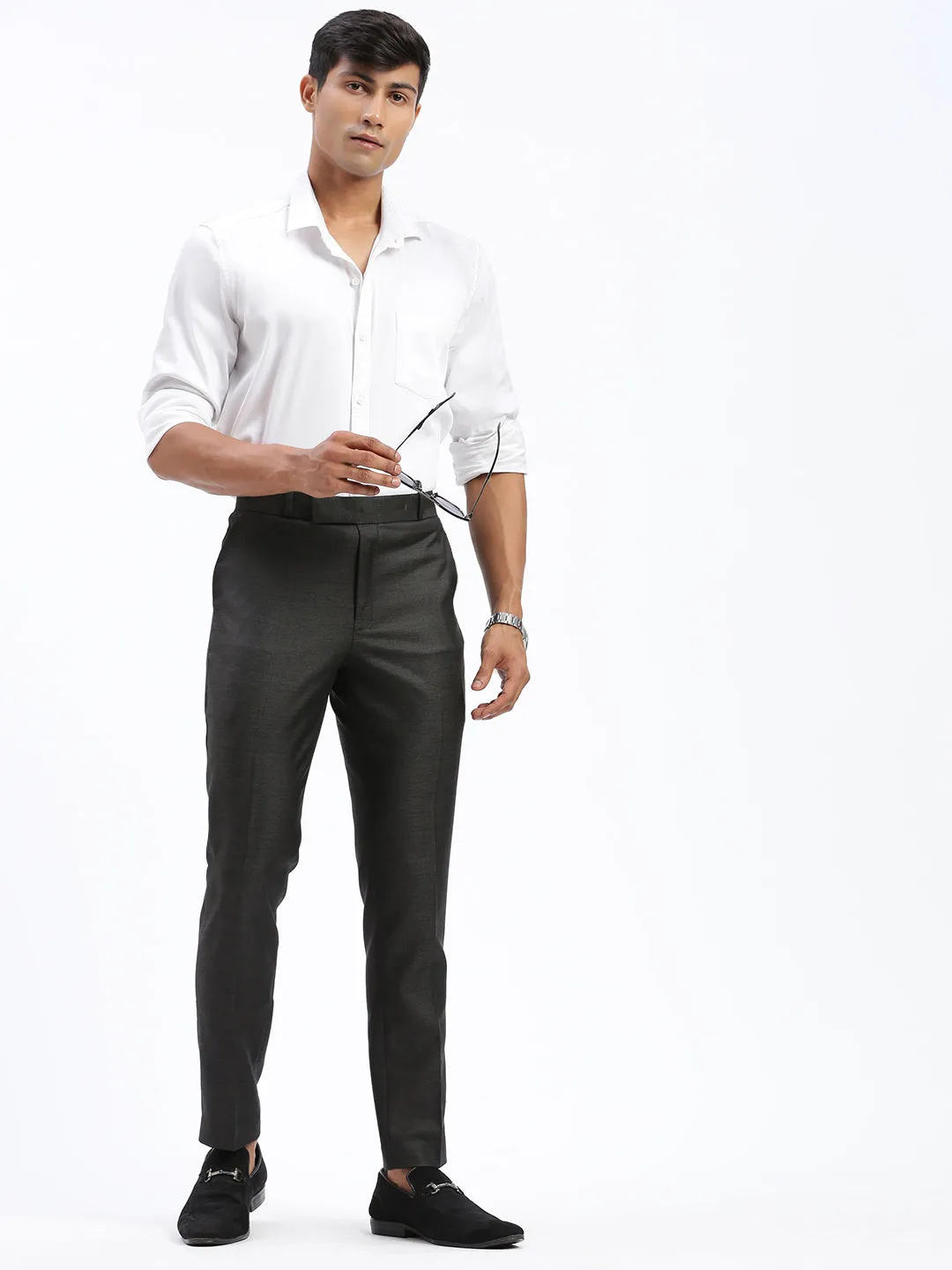 Men Solid Charcoal Formal Trousers