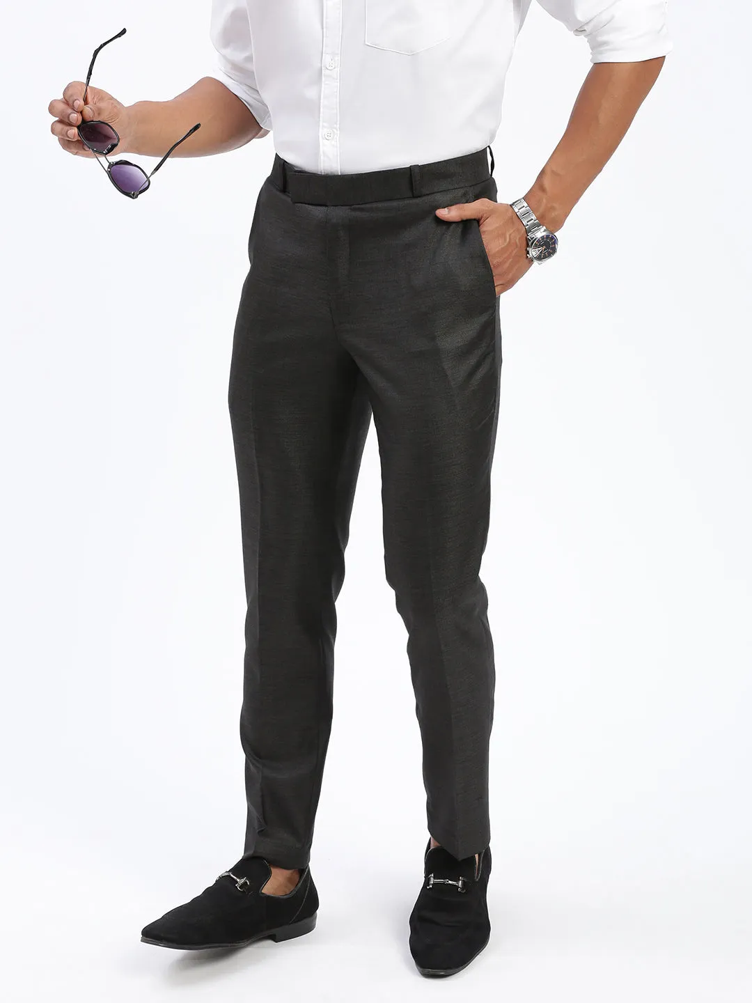 Men Solid Charcoal Formal Trousers