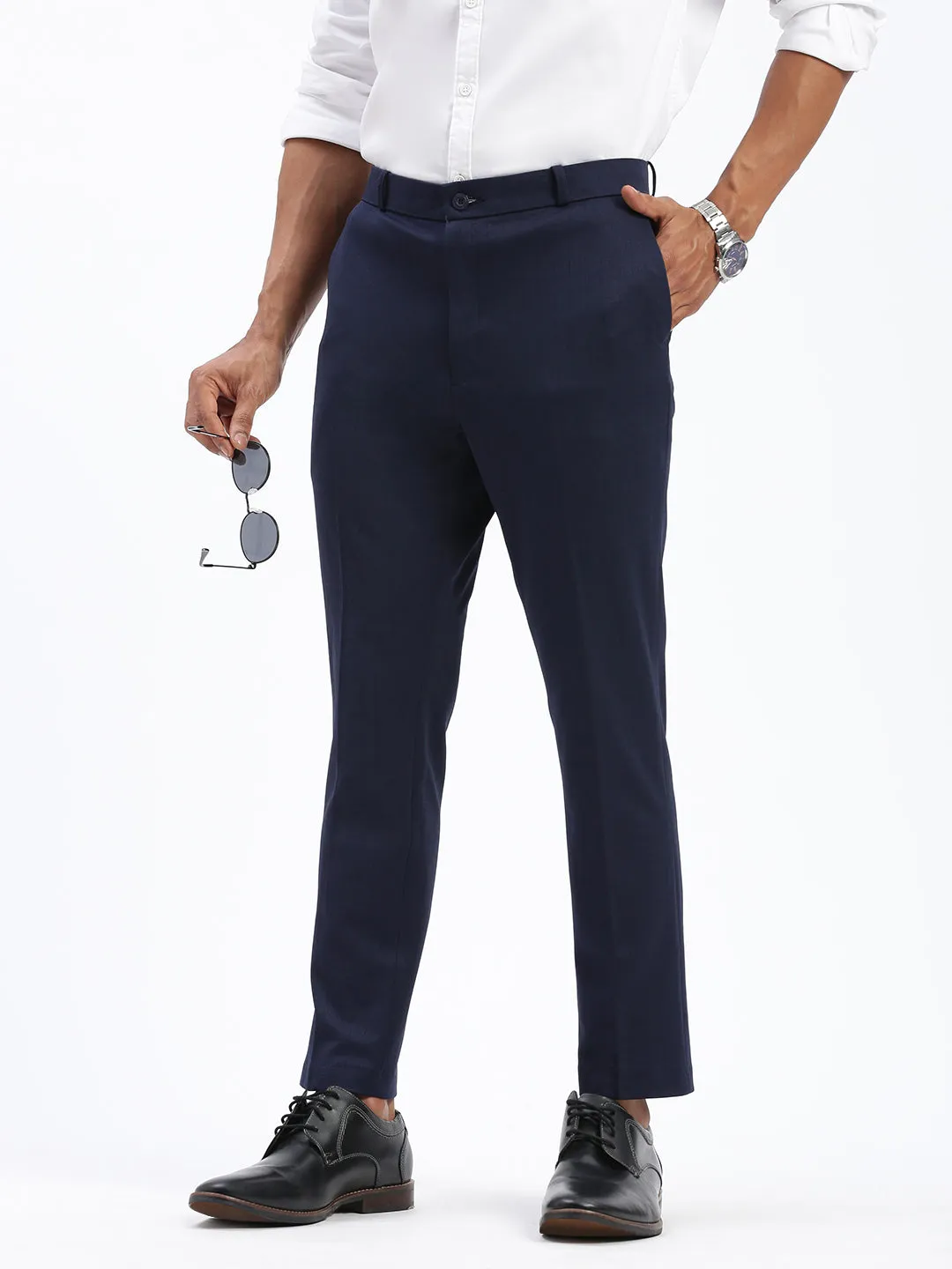 Men Solid Navy Blue Formal Trousers