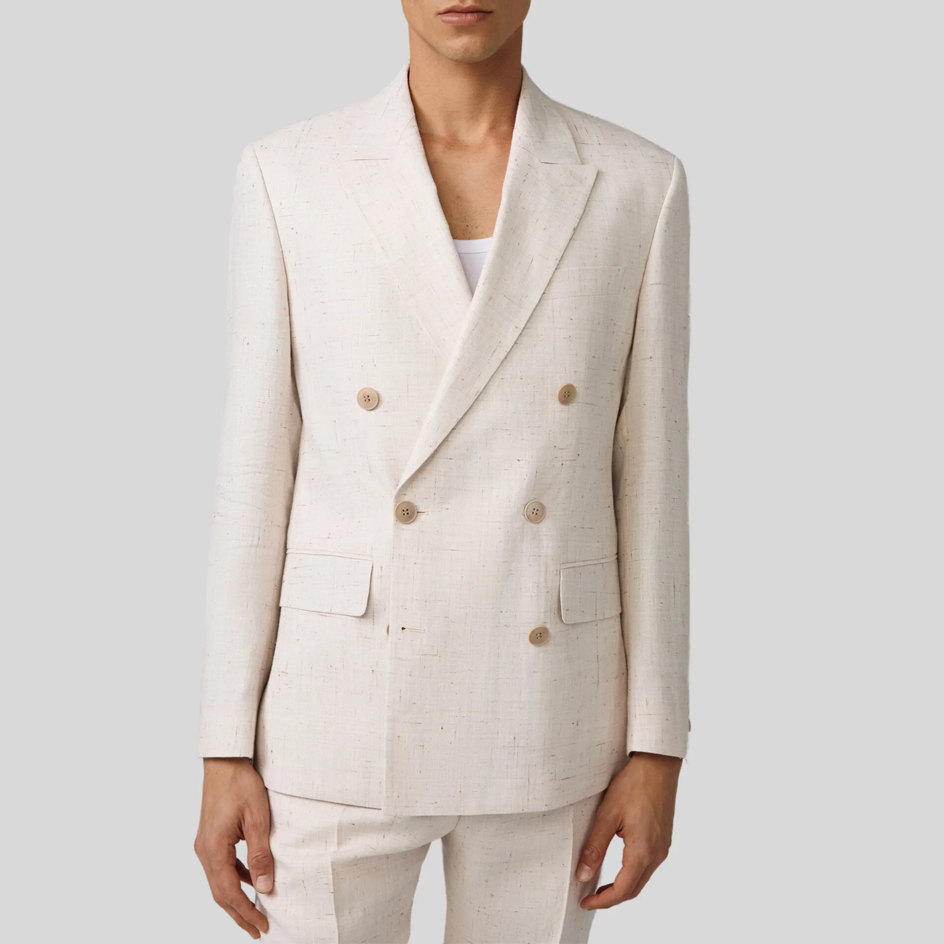 Mottled Linen Blend Double Breasted Suit Jacket - Off-White