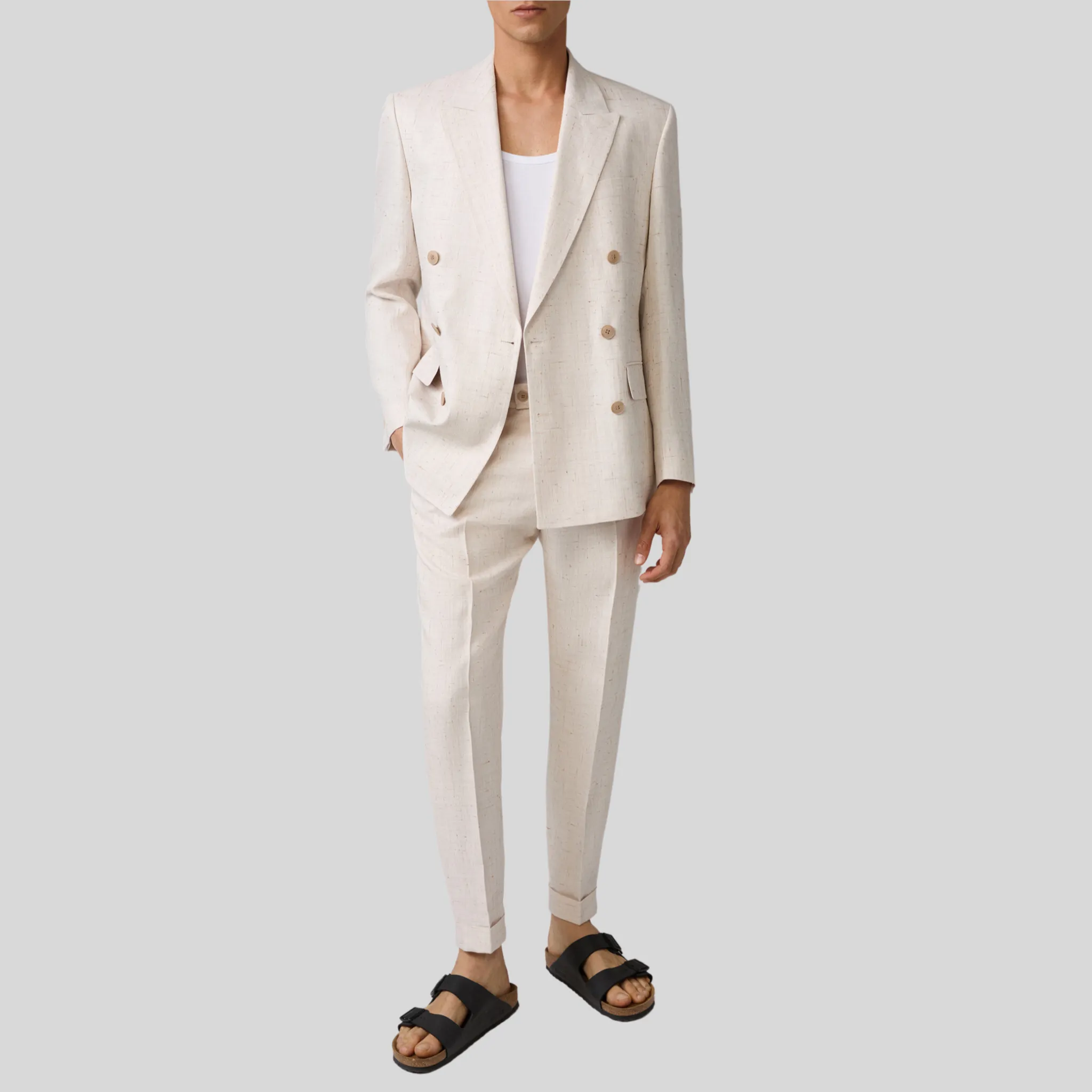 Mottled Linen Blend Double Breasted Suit Jacket - Off-White