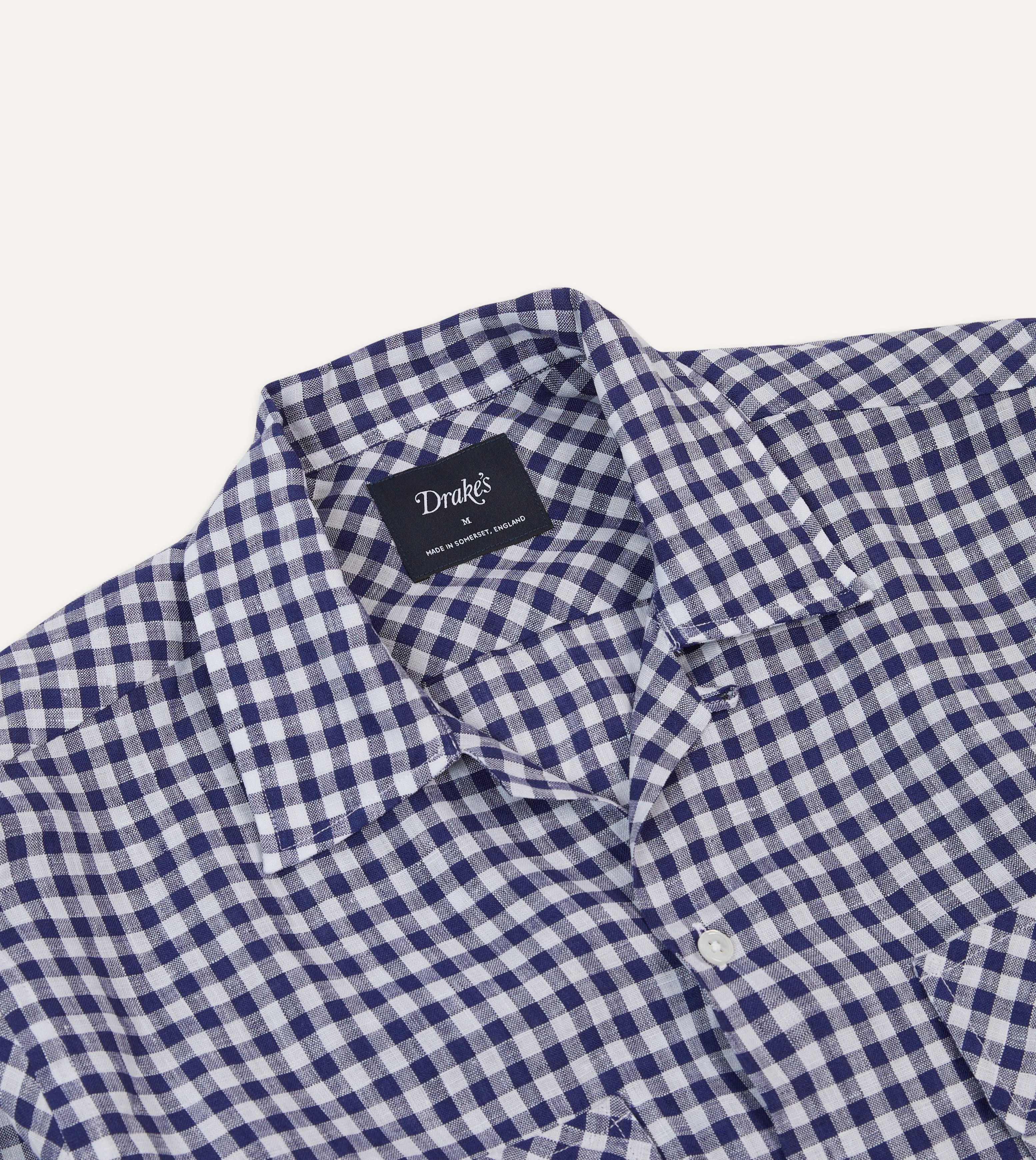 Navy Gingham Check Linen Camp Collar Long Sleeve Shirt