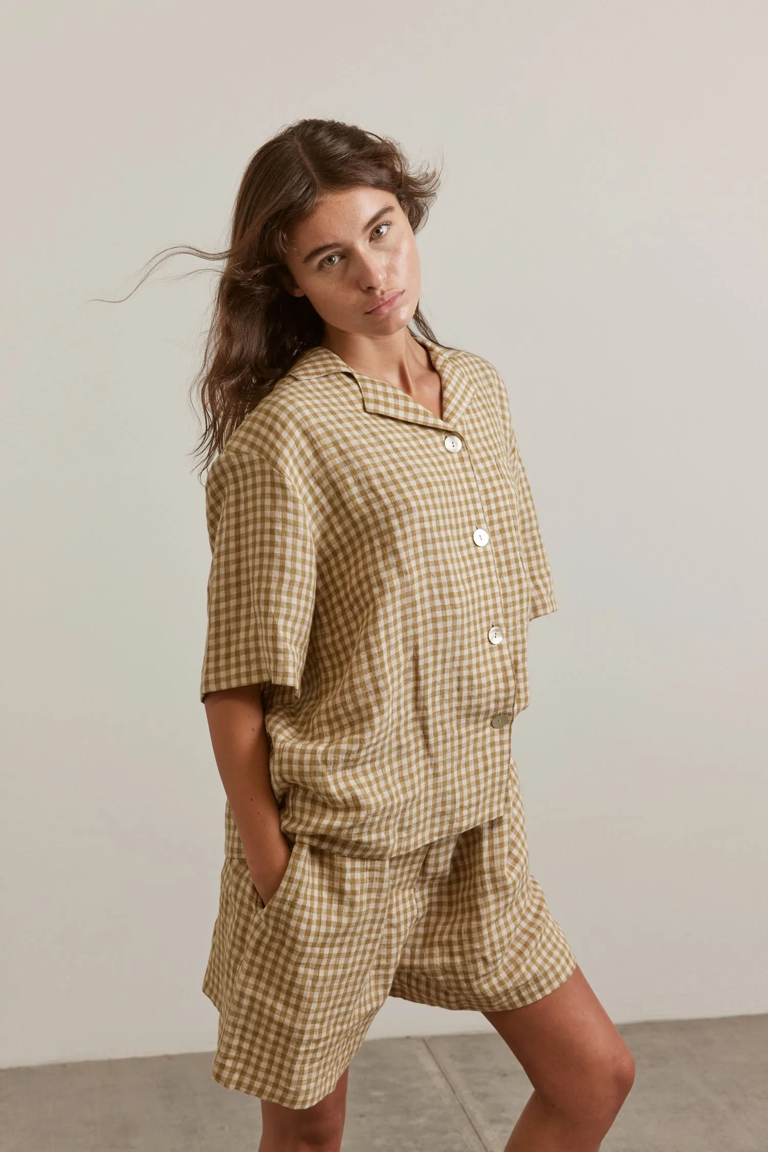 Notched collar gingham shirts