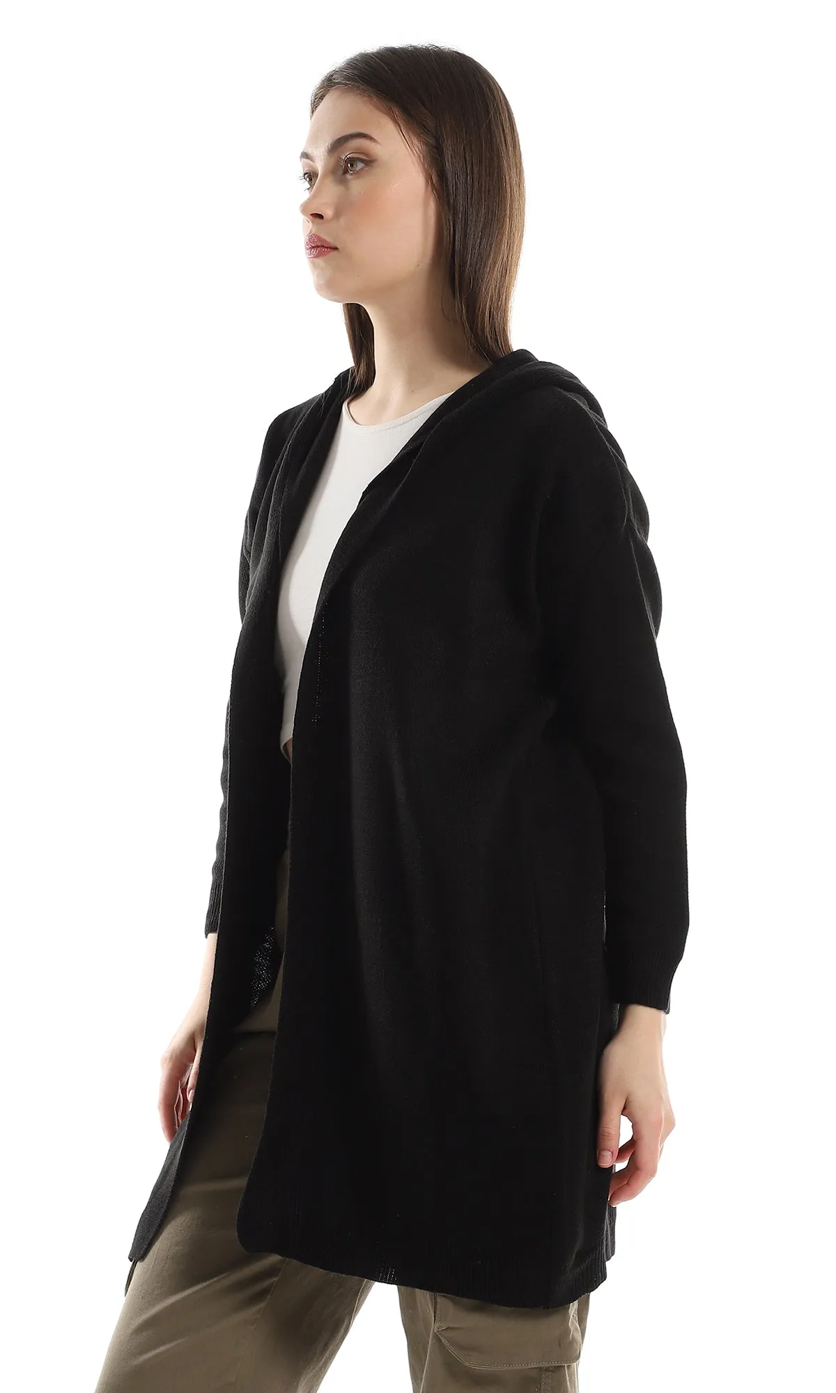 O160338 Basic Plain Long Sleeves Black Cardigan