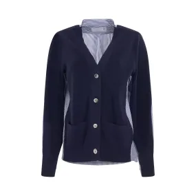 Panelled Cotton Cardigan in Navy/Stripe