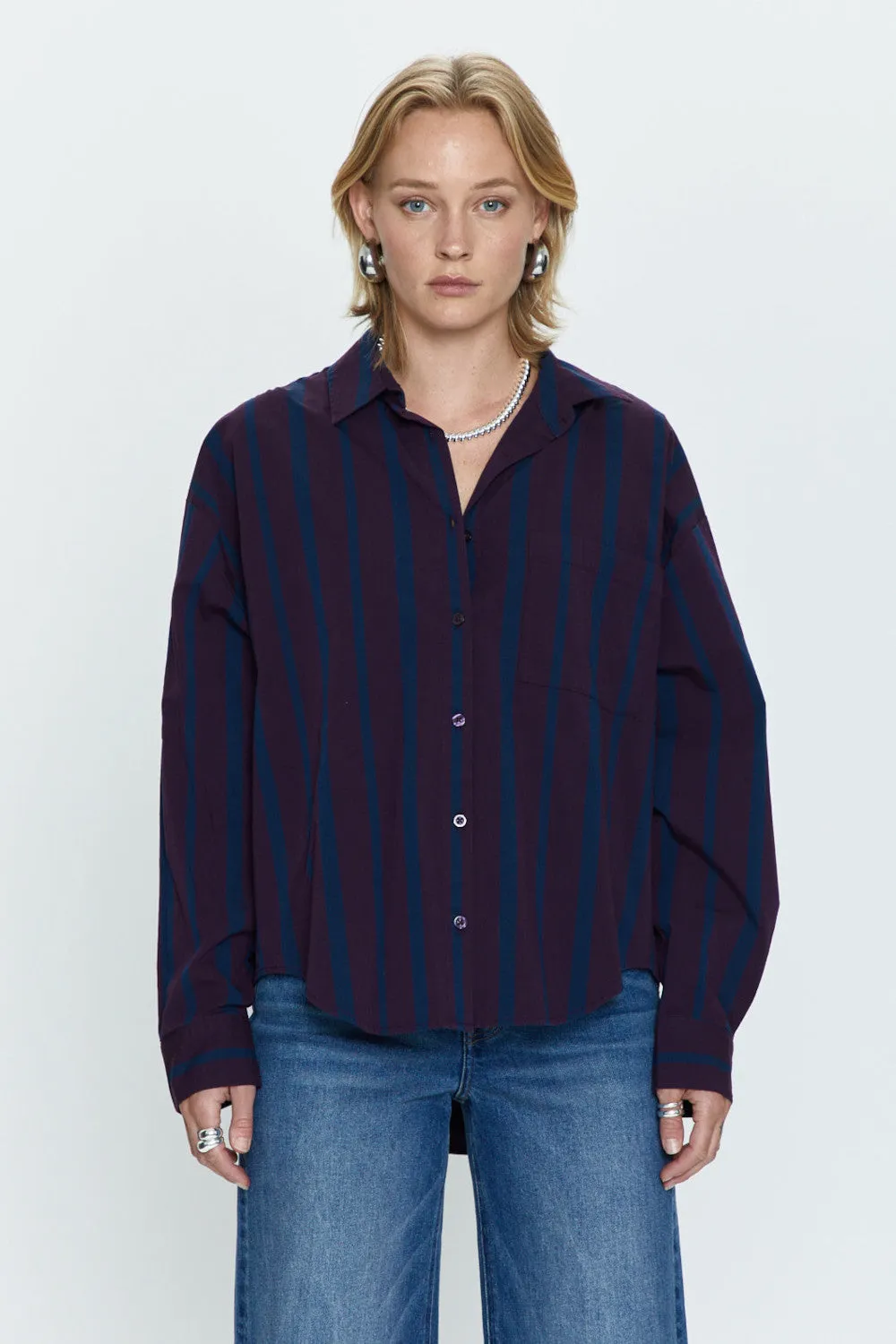 Pistola Sloane Oversized Button Down Shirt in Aubergine Cobalt