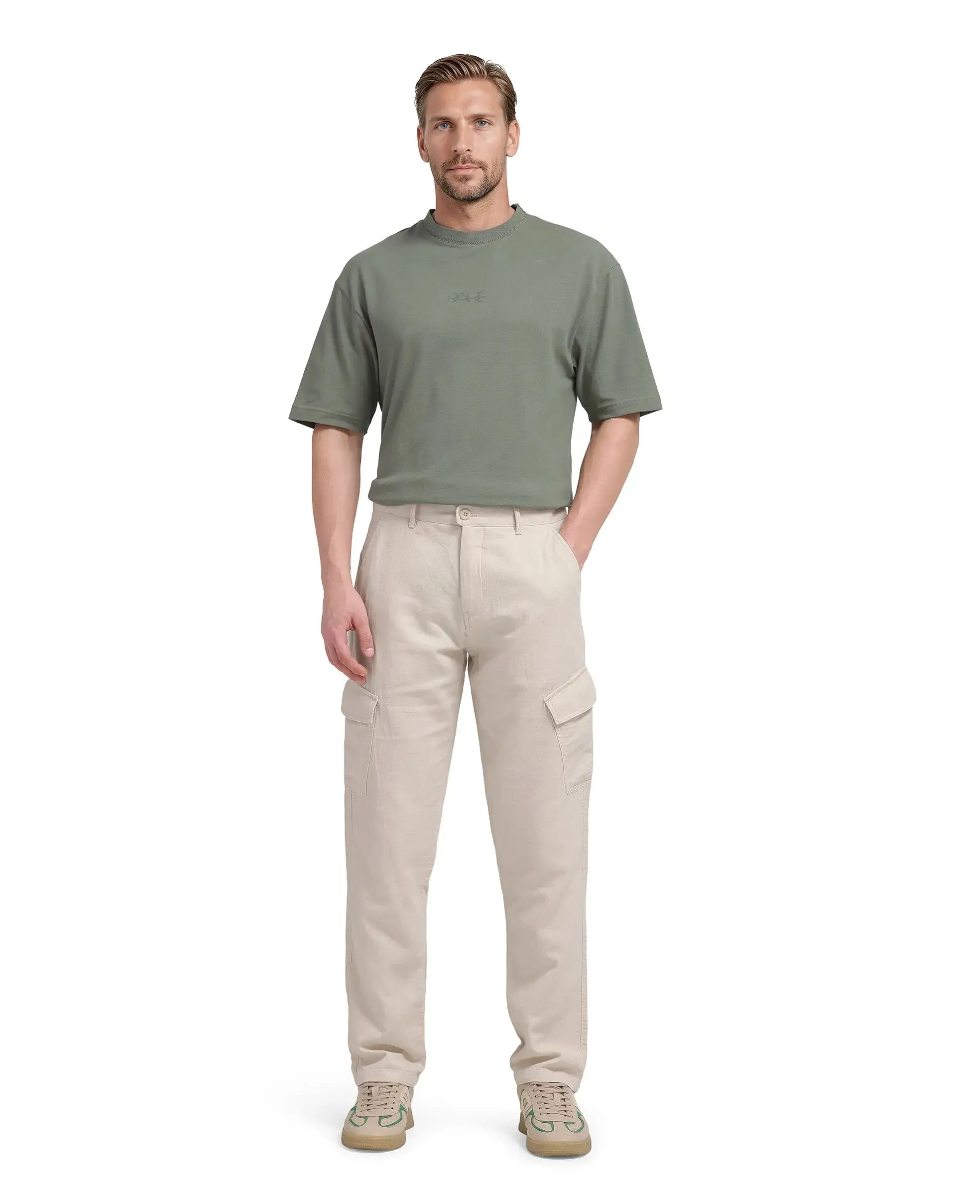 Rare Rabbit Men Presso-25 Beige Cotton Elastane Fabric Button And Zip Closure Relaxed Fit Plain Trouser