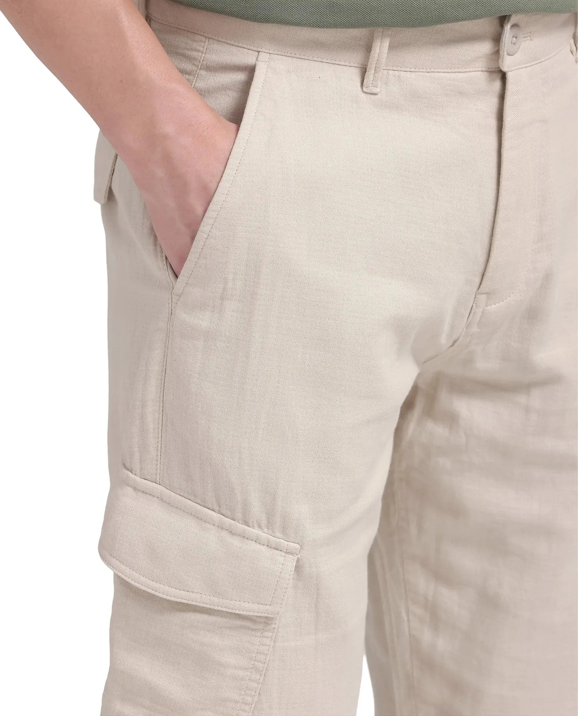 Rare Rabbit Men Presso-25 Beige Cotton Elastane Fabric Button And Zip Closure Relaxed Fit Plain Trouser