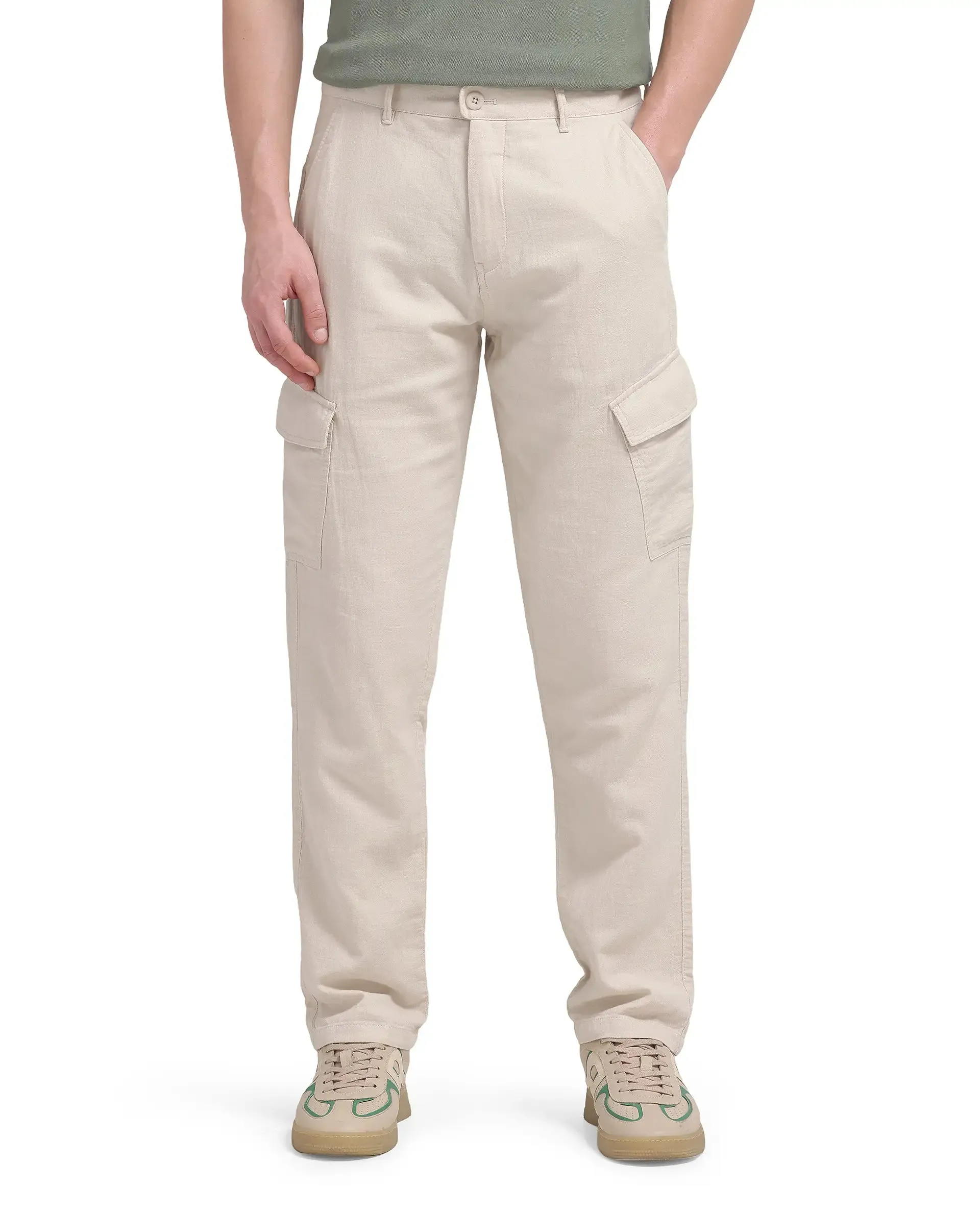 Rare Rabbit Men Presso-25 Beige Cotton Elastane Fabric Button And Zip Closure Relaxed Fit Plain Trouser