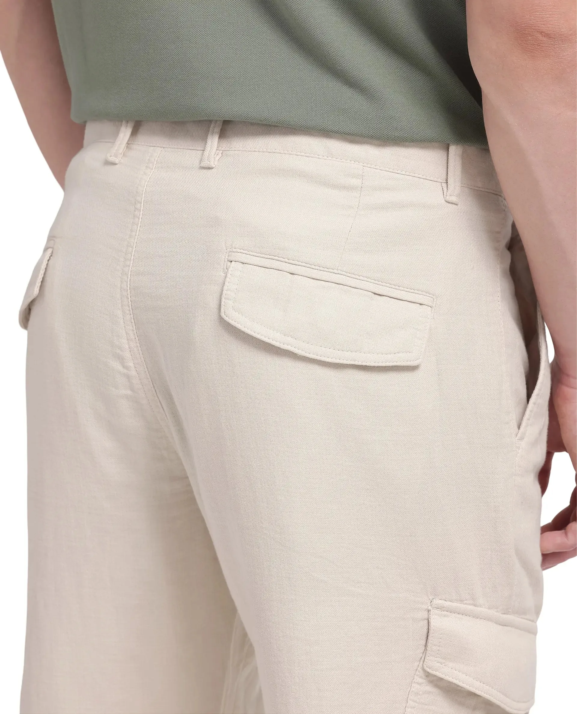 Rare Rabbit Men Presso-25 Beige Cotton Elastane Fabric Button And Zip Closure Relaxed Fit Plain Trouser