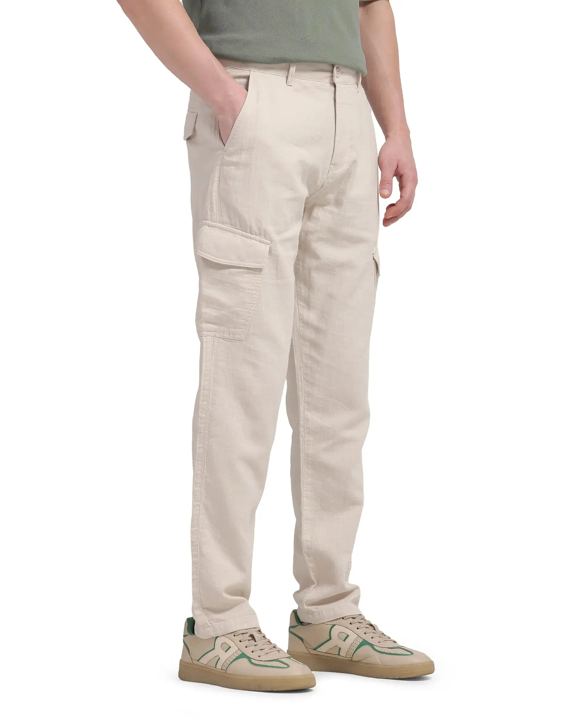 Rare Rabbit Men Presso-25 Beige Cotton Elastane Fabric Button And Zip Closure Relaxed Fit Plain Trouser