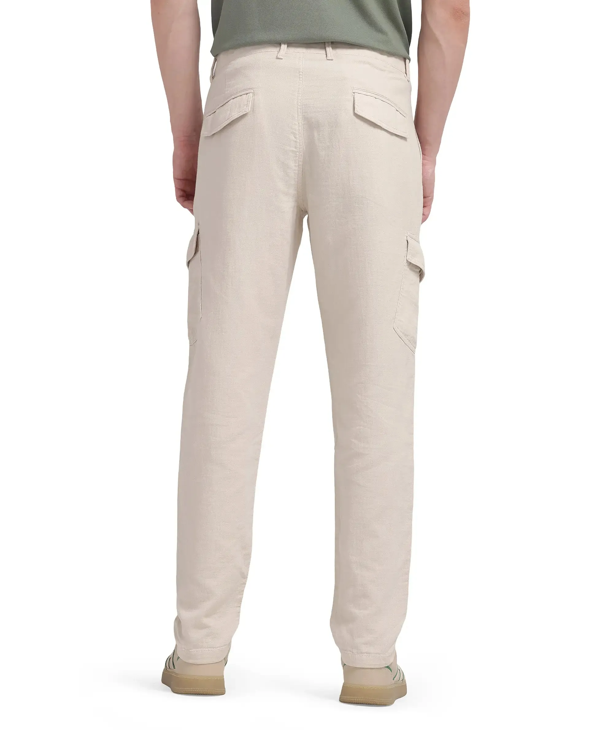 Rare Rabbit Men Presso-25 Beige Cotton Elastane Fabric Button And Zip Closure Relaxed Fit Plain Trouser