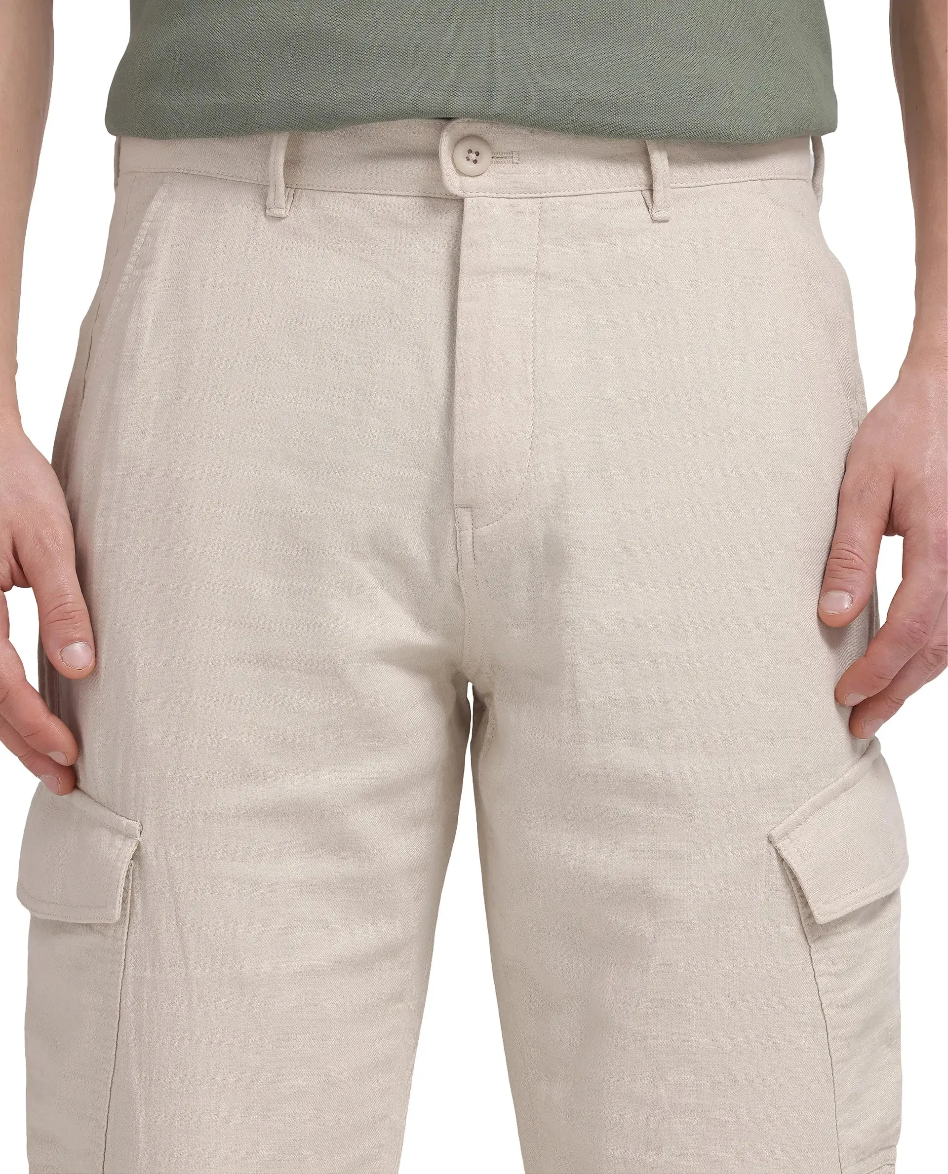 Rare Rabbit Men Presso-25 Beige Cotton Elastane Fabric Button And Zip Closure Relaxed Fit Plain Trouser