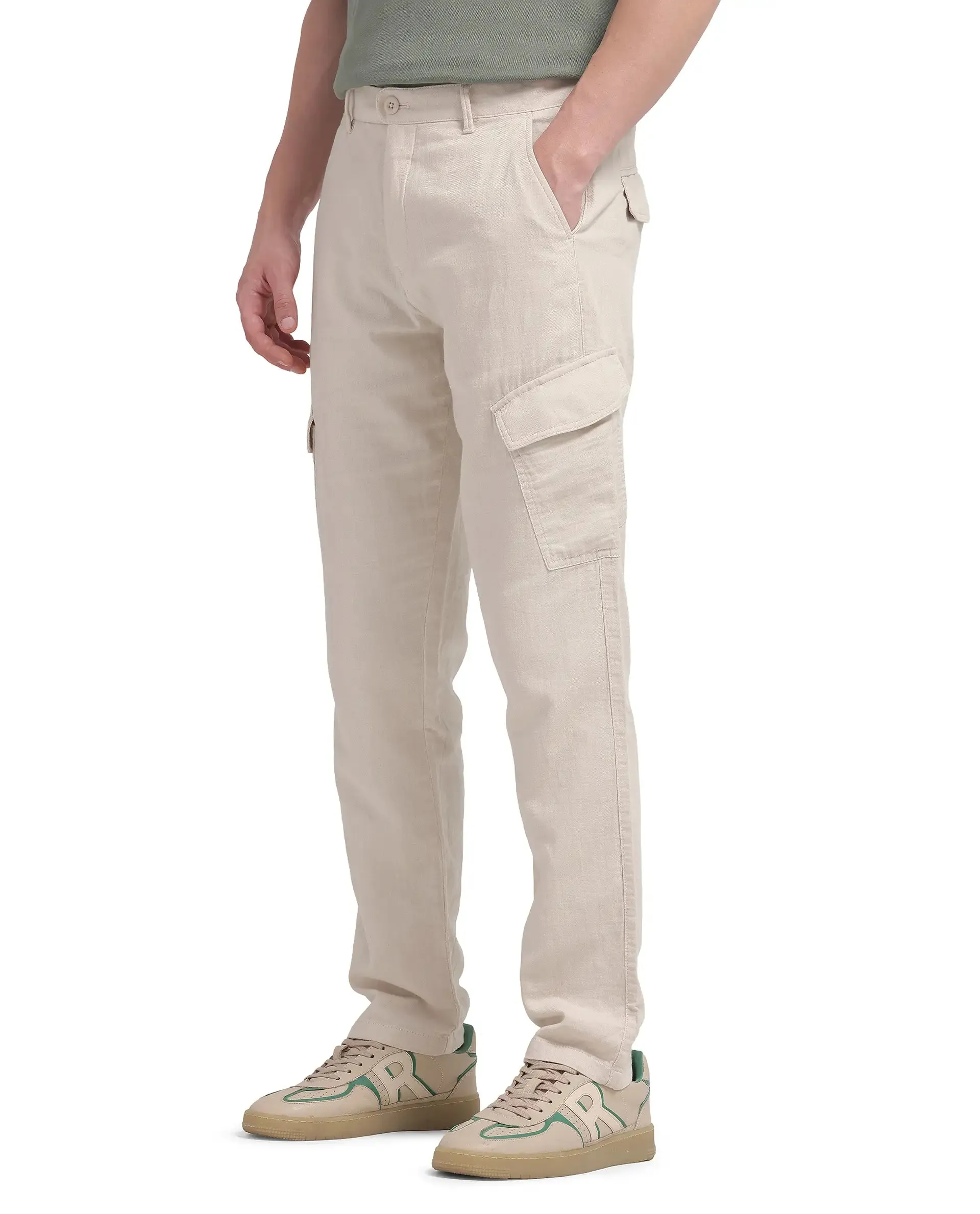 Rare Rabbit Men Presso-25 Beige Cotton Elastane Fabric Button And Zip Closure Relaxed Fit Plain Trouser