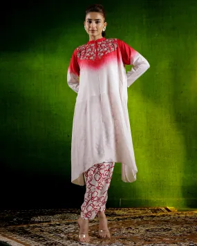 Red Ombre-Dyed Satin Silk Kurta & Cowl Pants Set