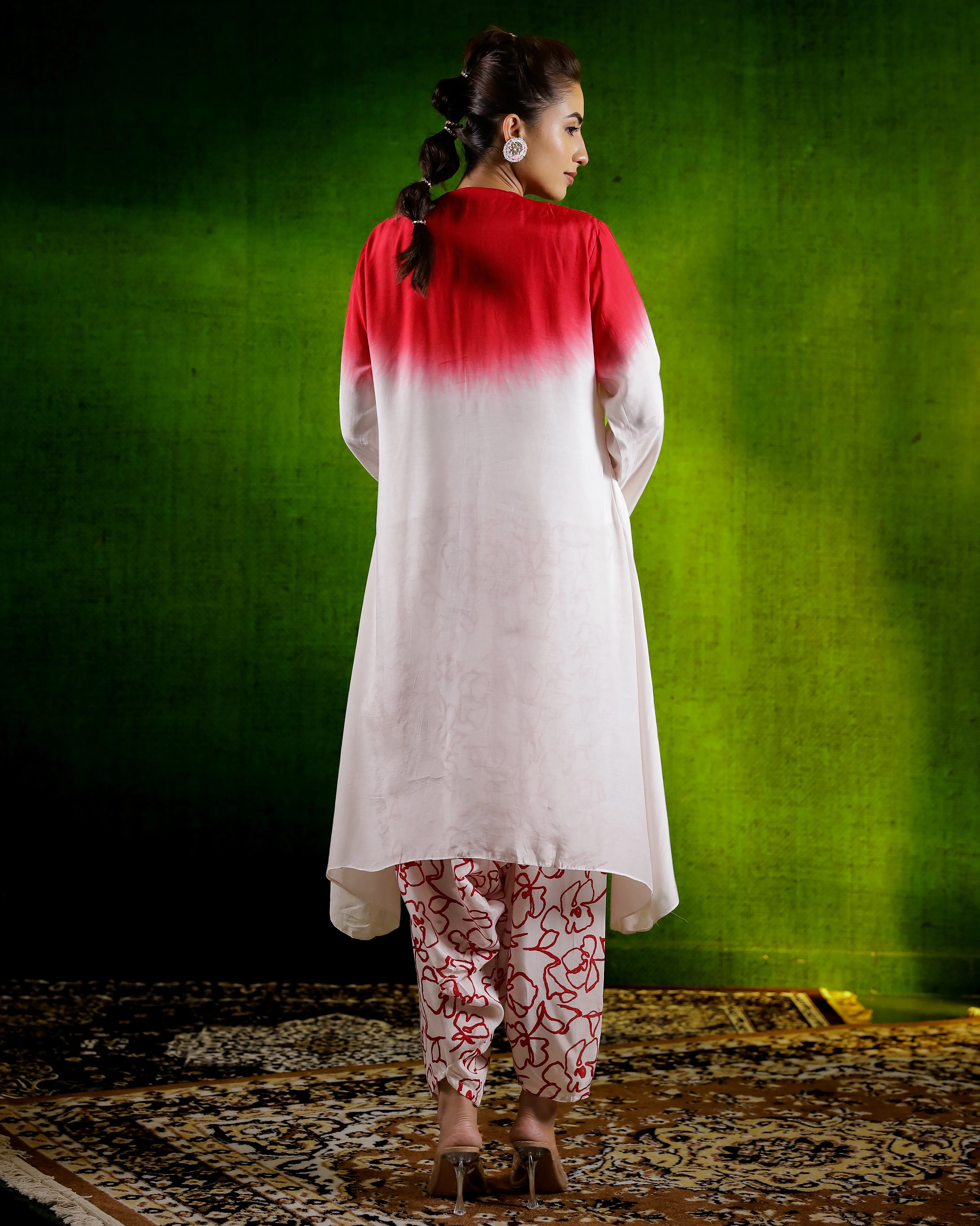 Red Ombre-Dyed Satin Silk Kurta & Cowl Pants Set