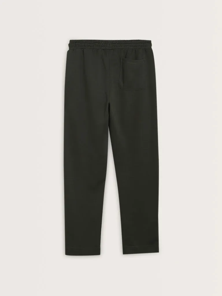 Studiofit Solid Olive Relaxed-Fit Mid-Rise Track Pants