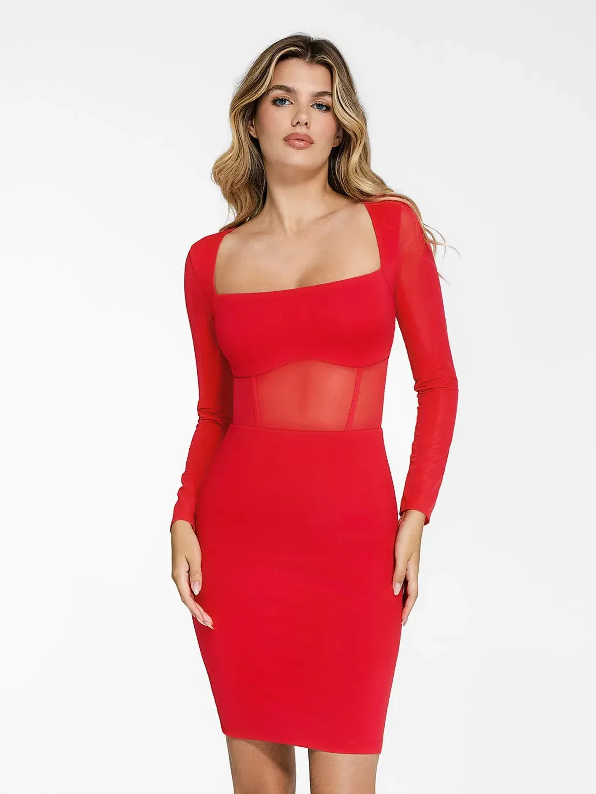 The Shapewear Dress Sculpting Long Sleeve Mesh Midi