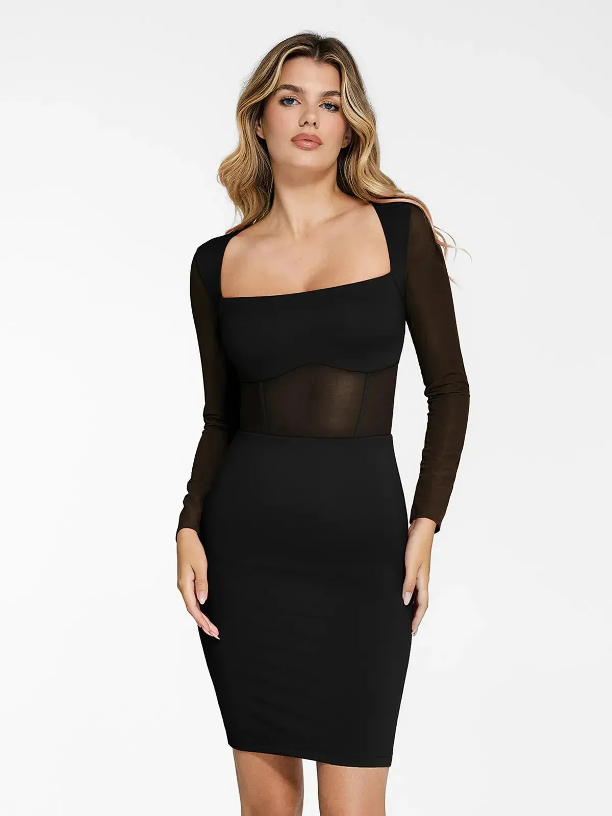 The Shapewear Dress Sculpting Long Sleeve Mesh Midi