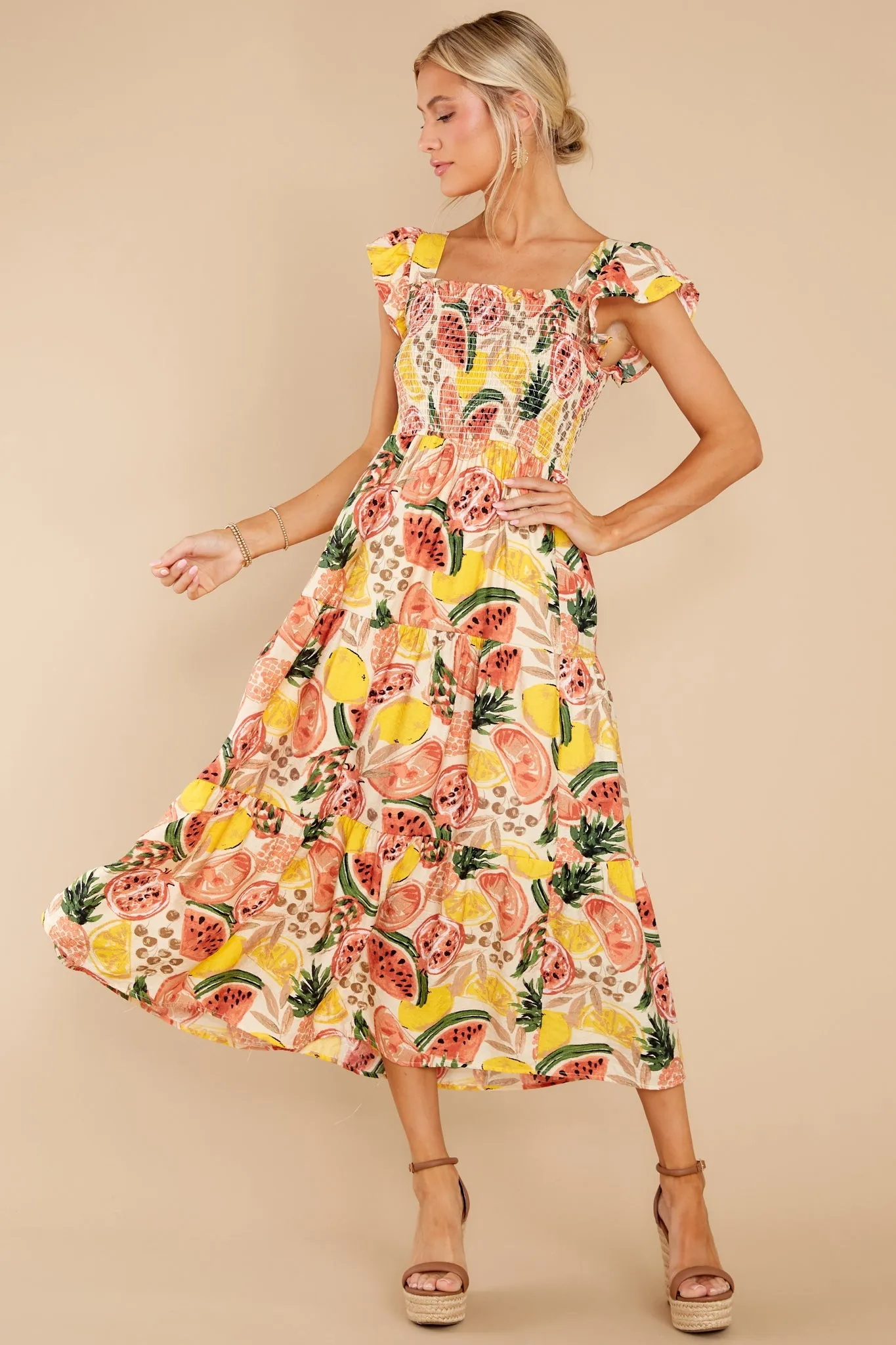 Tuttie Fruitti Coral Multi Print Midi Dress