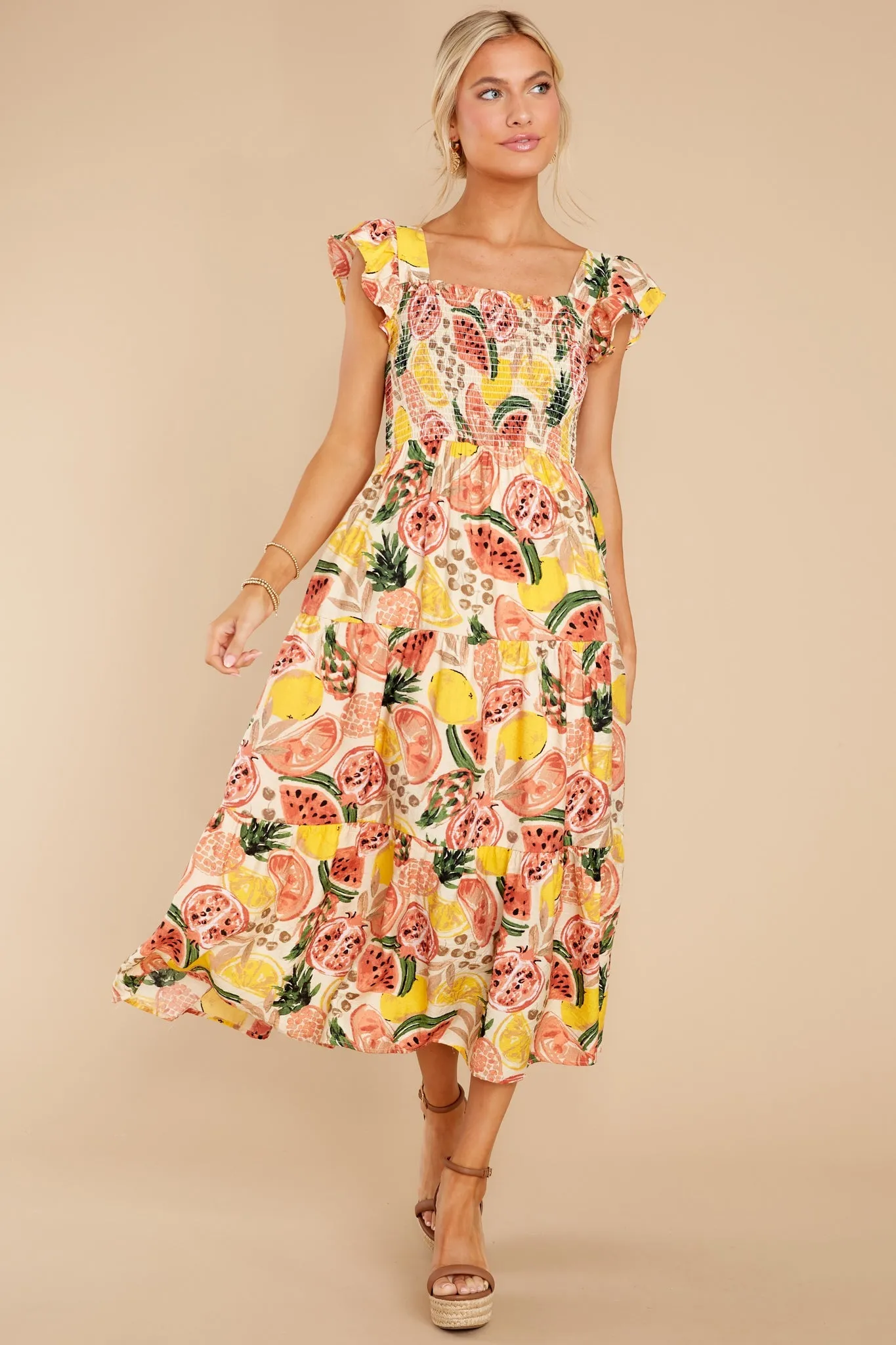 Tuttie Fruitti Coral Multi Print Midi Dress