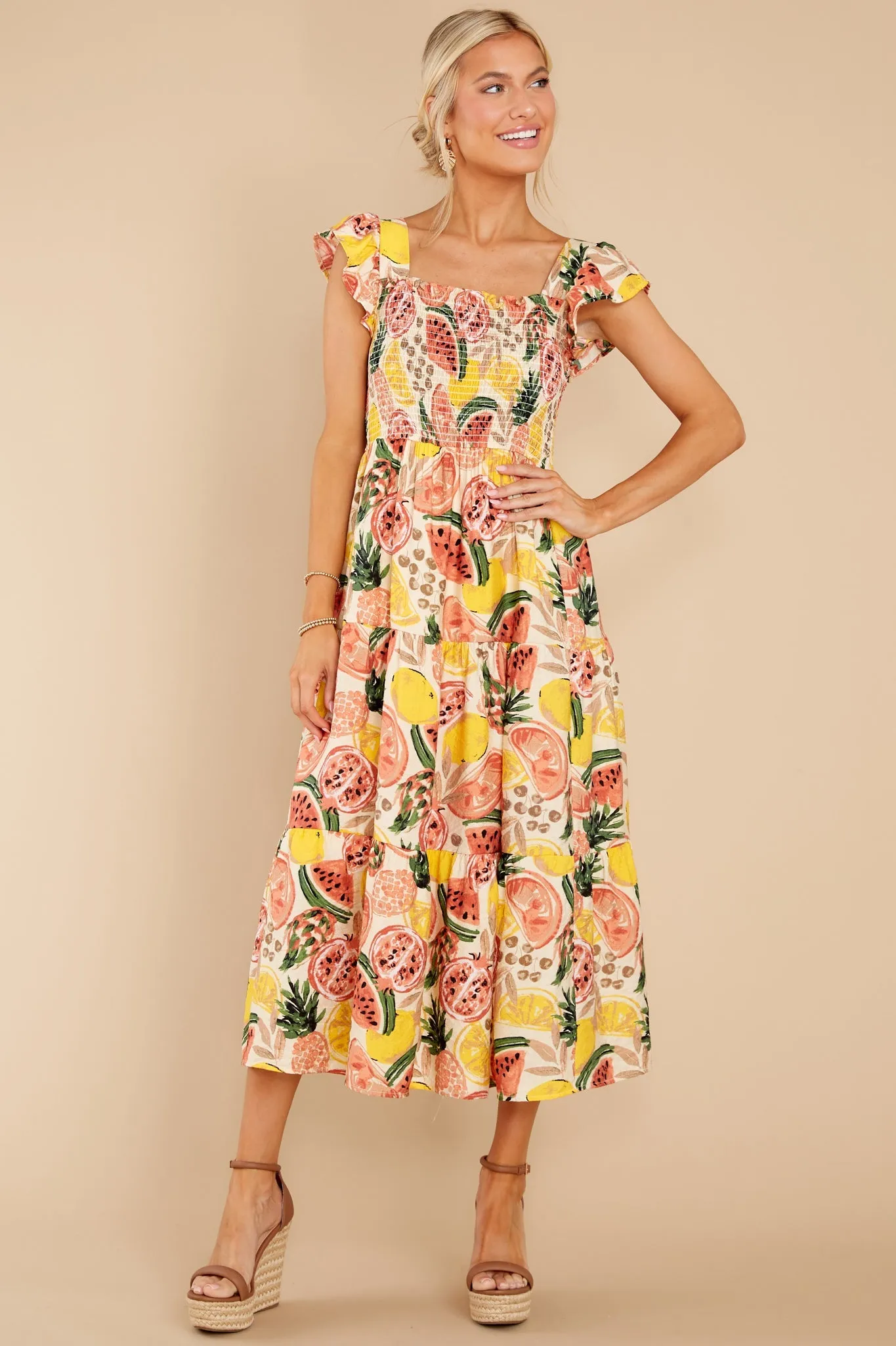 Tuttie Fruitti Coral Multi Print Midi Dress