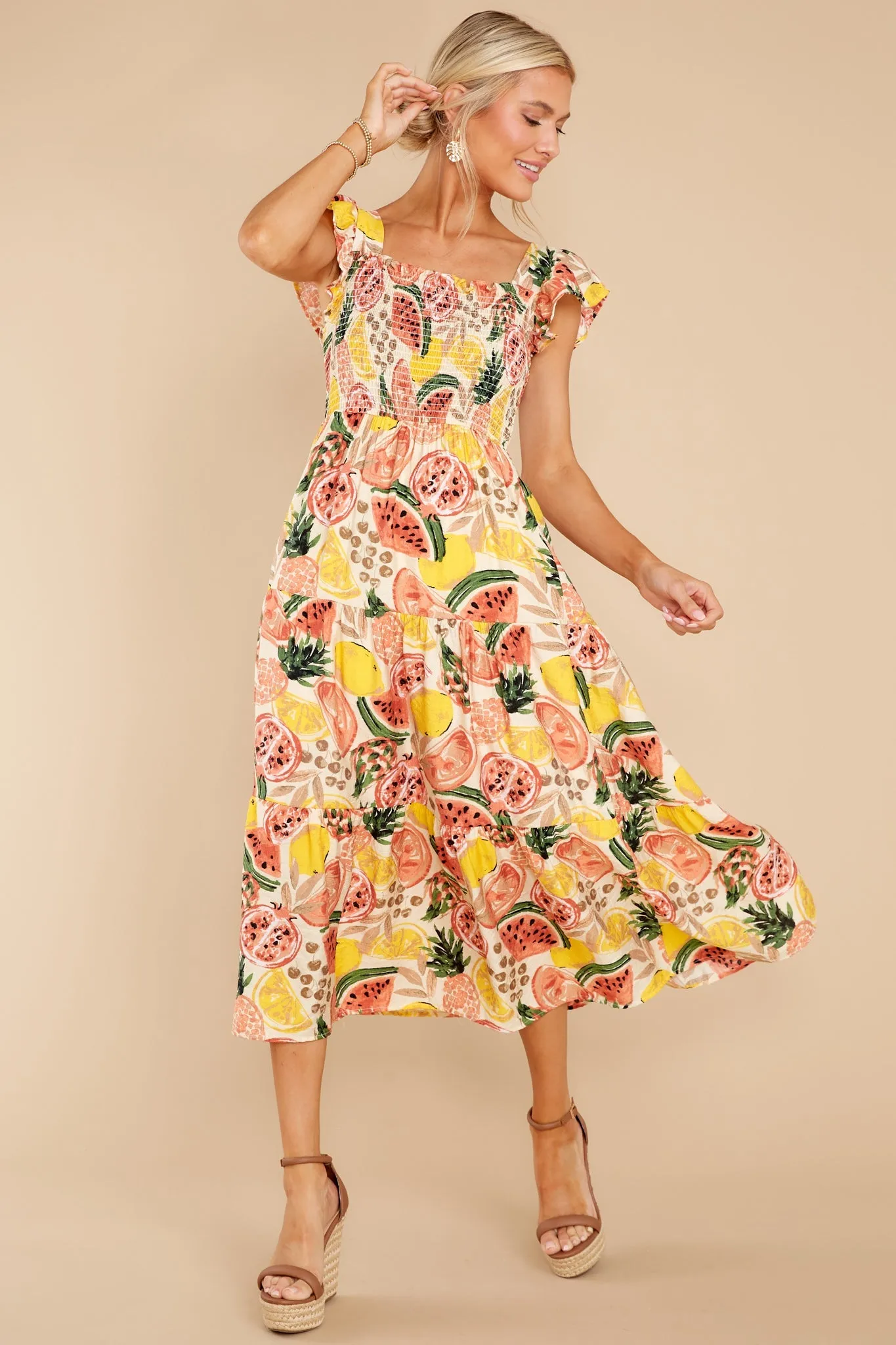 Tuttie Fruitti Coral Multi Print Midi Dress