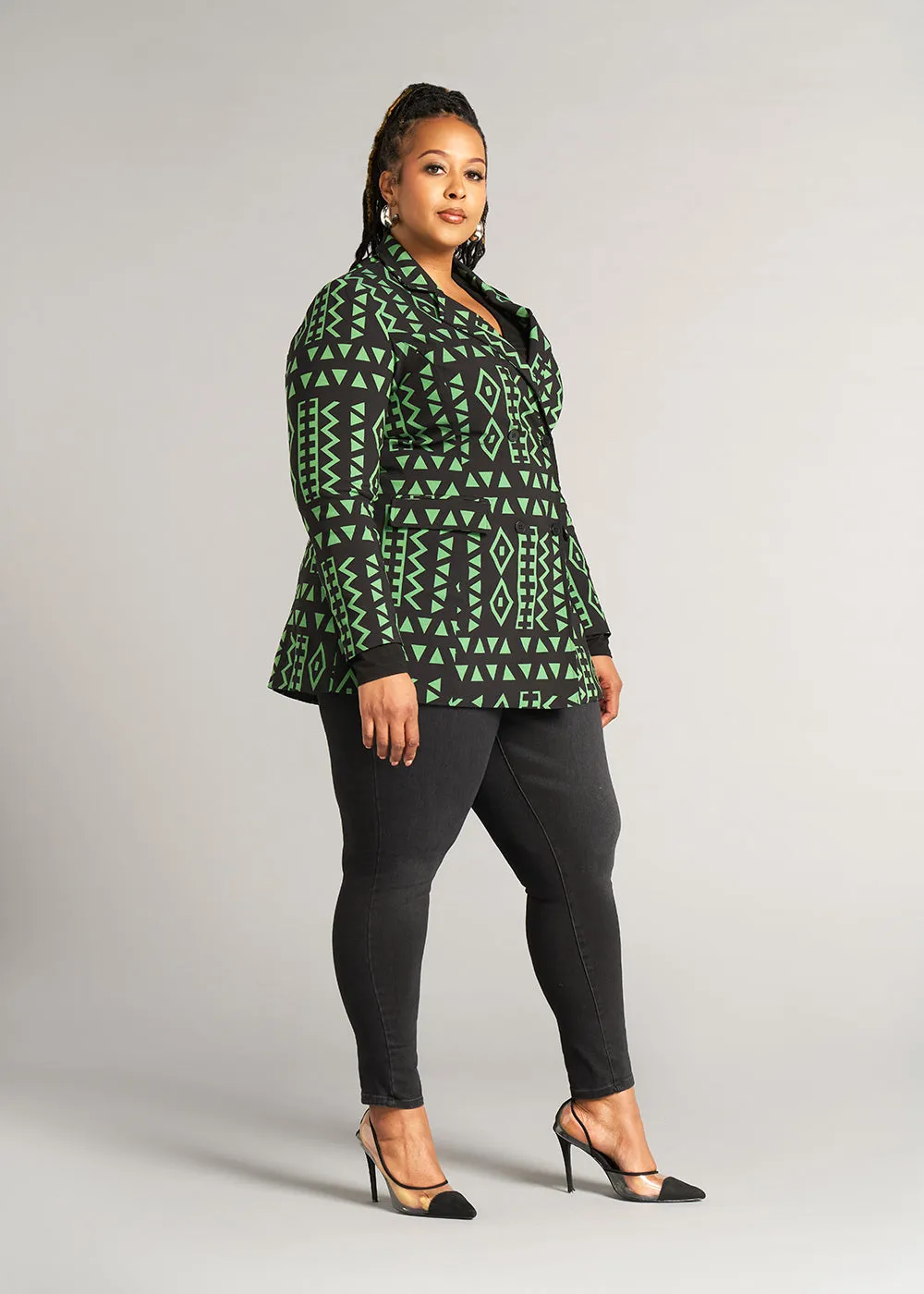 Uyai Women's African Print Stretch Blazer (Moss Black Geometric) - Clearance