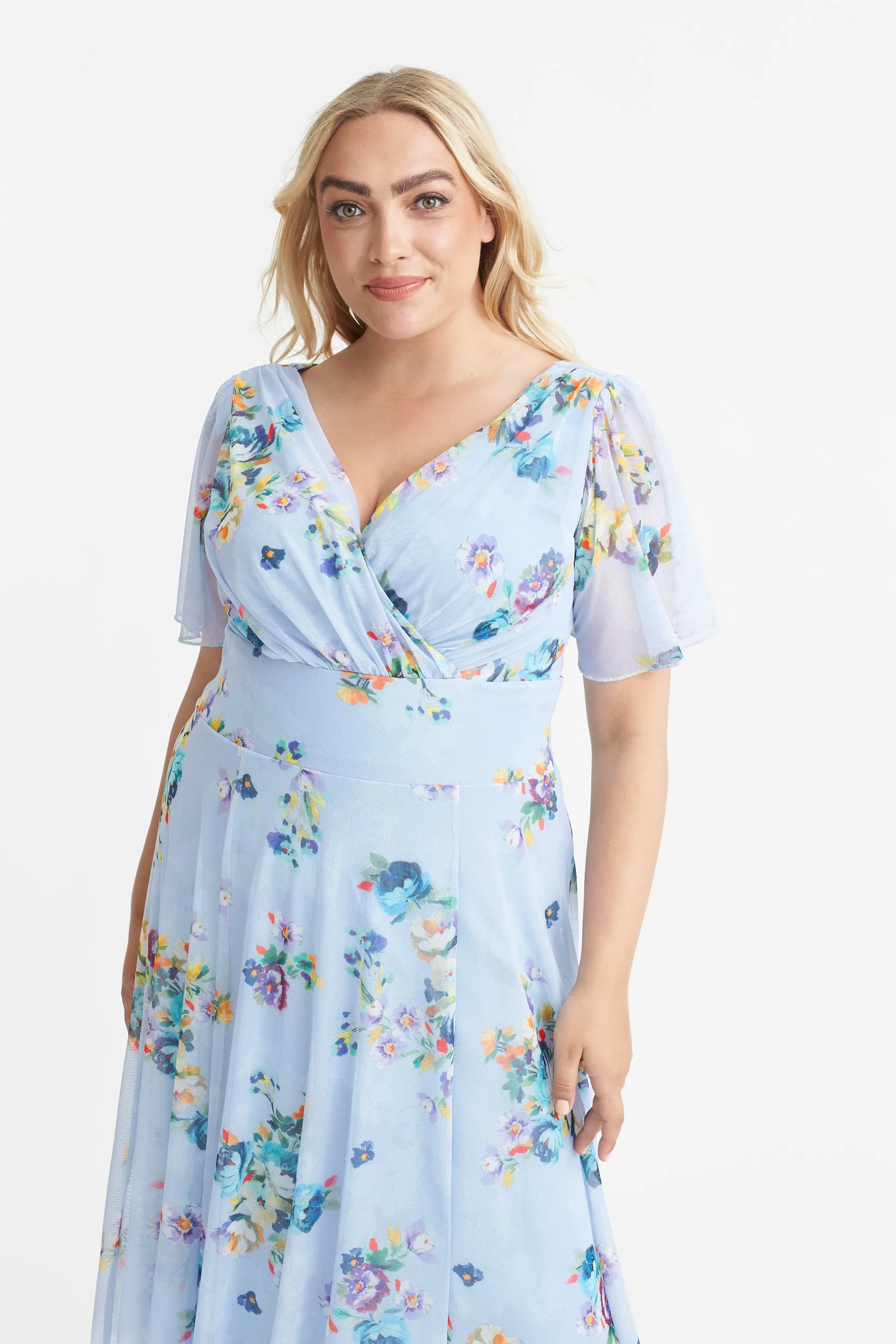 Victoria Light Blue Angel Sleeve Mesh Midi Dress