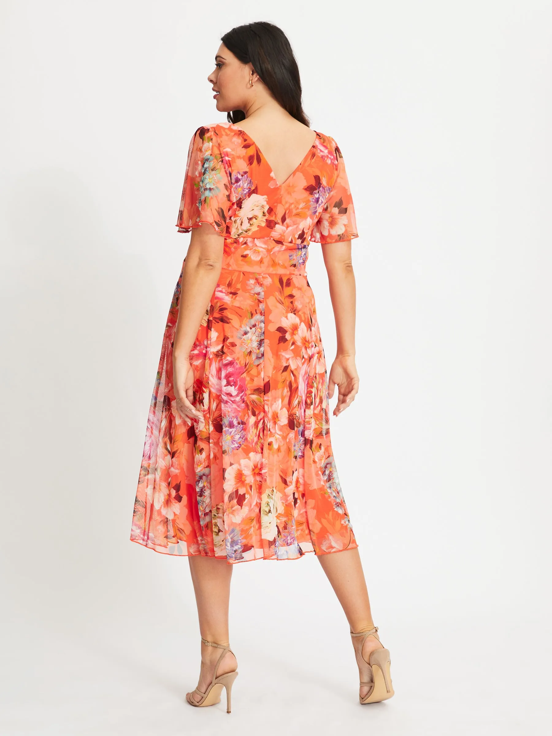 Victoria Orange Print Angel Sleeve Mesh Midi Dress