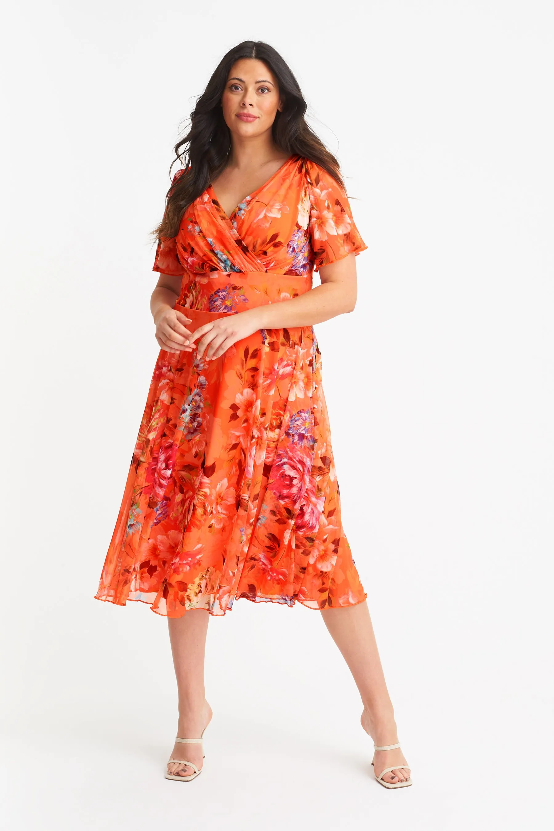 Victoria Orange Print Angel Sleeve Mesh Midi Dress