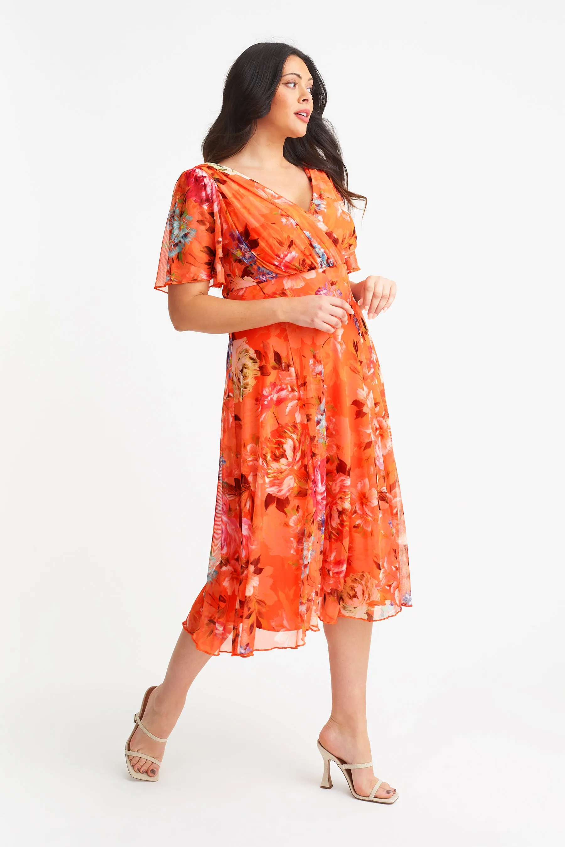 Victoria Orange Print Angel Sleeve Mesh Midi Dress