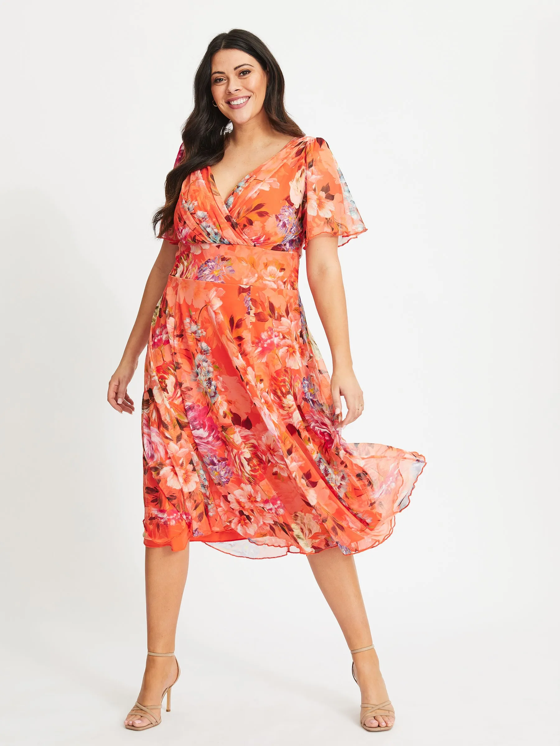 Victoria Orange Print Angel Sleeve Mesh Midi Dress