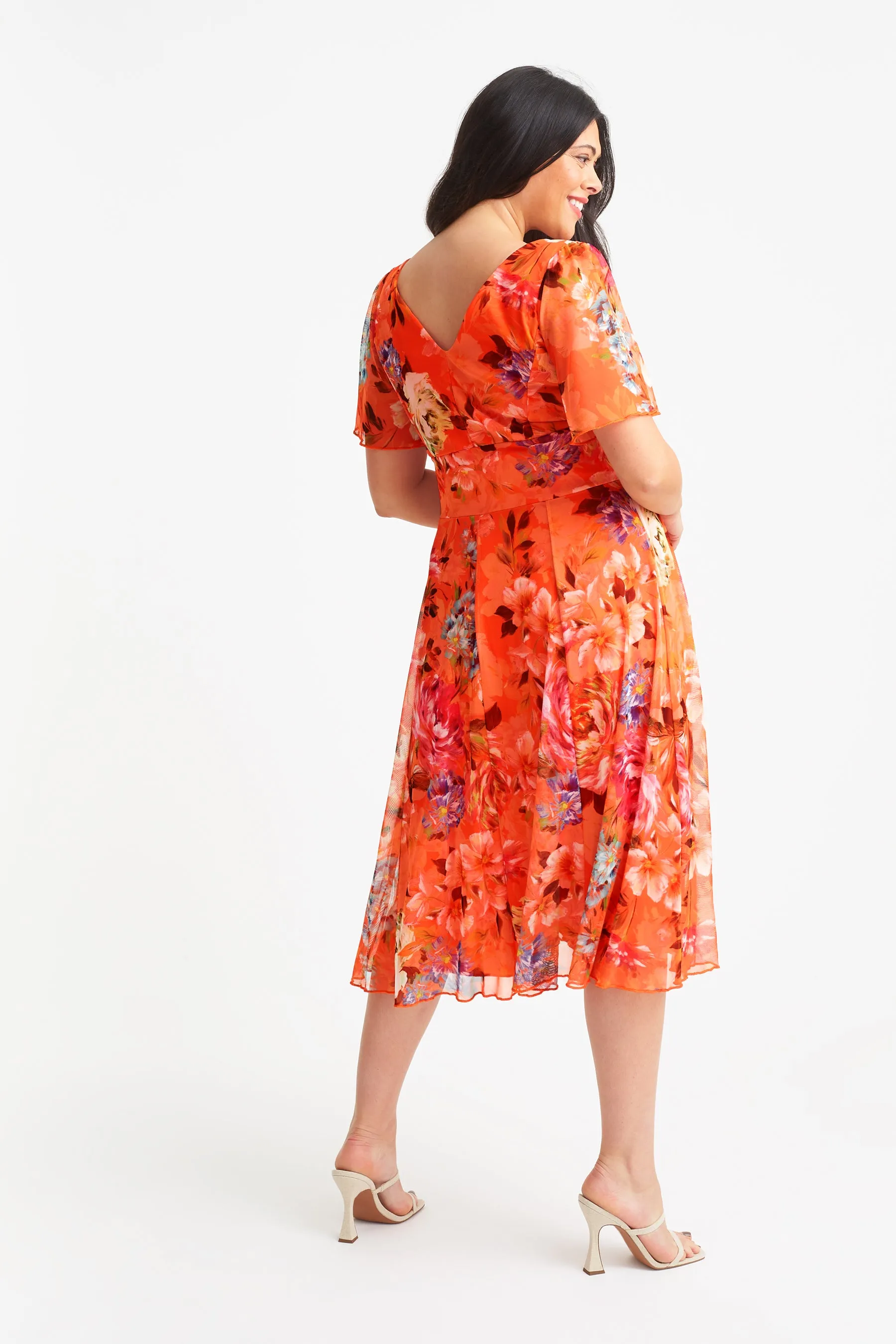 Victoria Orange Print Angel Sleeve Mesh Midi Dress