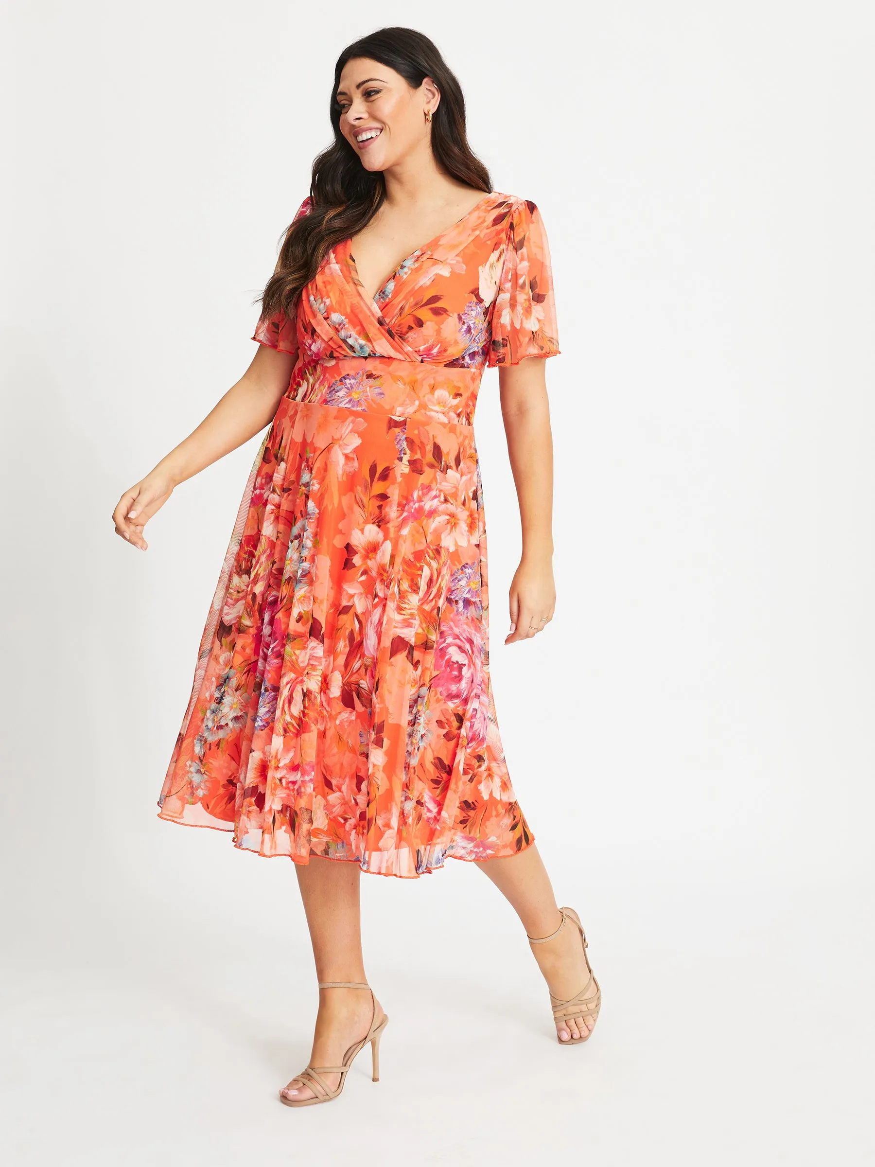 Victoria Orange Print Angel Sleeve Mesh Midi Dress