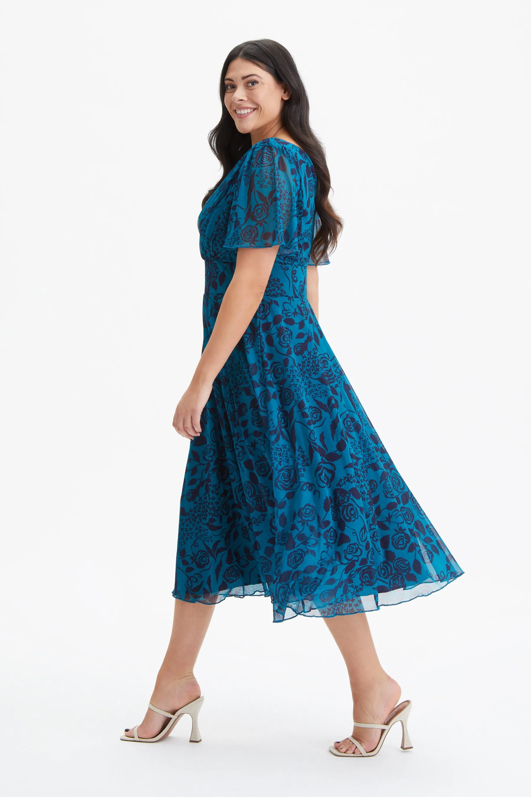 Victoria Teal Indigo Angel Sleeve Mesh Long Midi Dress