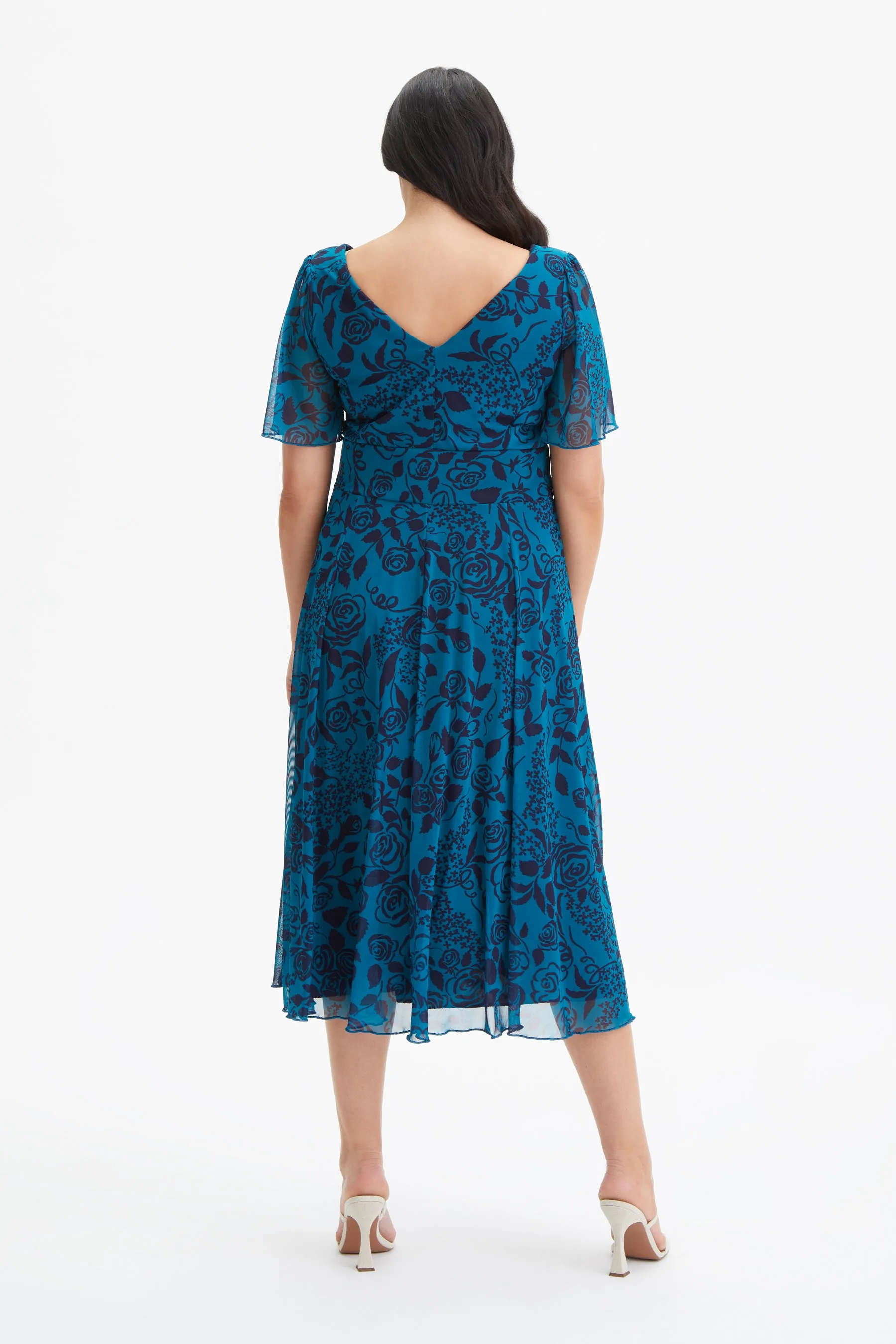 Victoria Teal Indigo Angel Sleeve Mesh Long Midi Dress