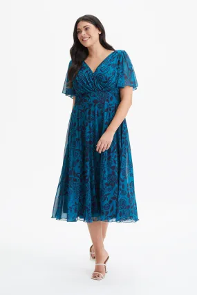 Victoria Teal Indigo Angel Sleeve Mesh Long Midi Dress