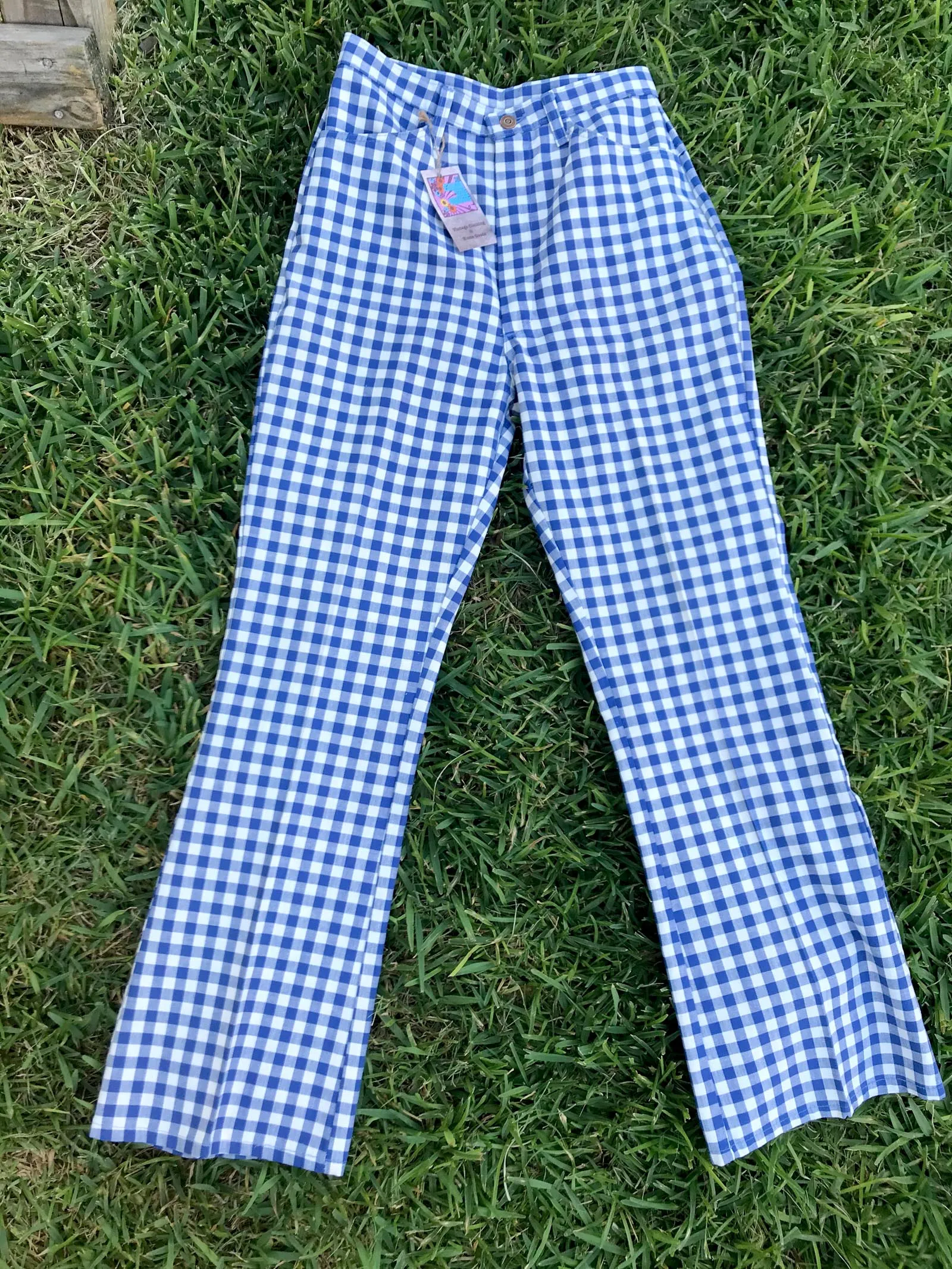 Vintage 60s 70s | Blue Checker High Waisted Boho Hippie Bell Bottoms | S