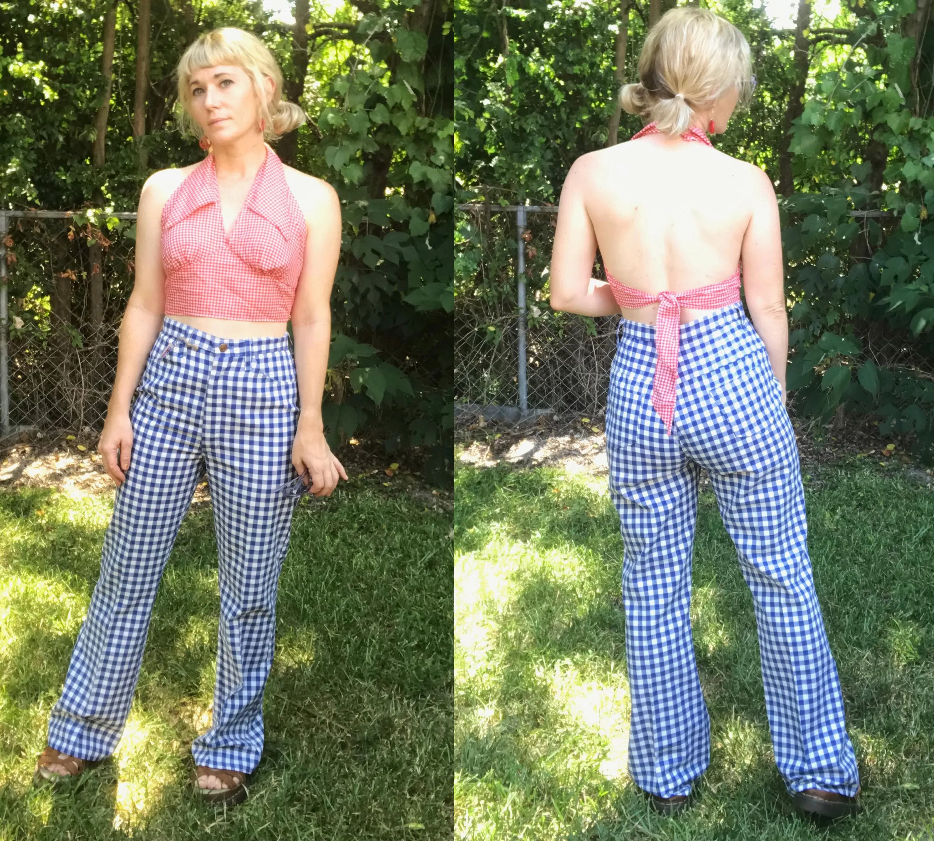 Vintage 60s 70s | Blue Checker High Waisted Boho Hippie Bell Bottoms | S